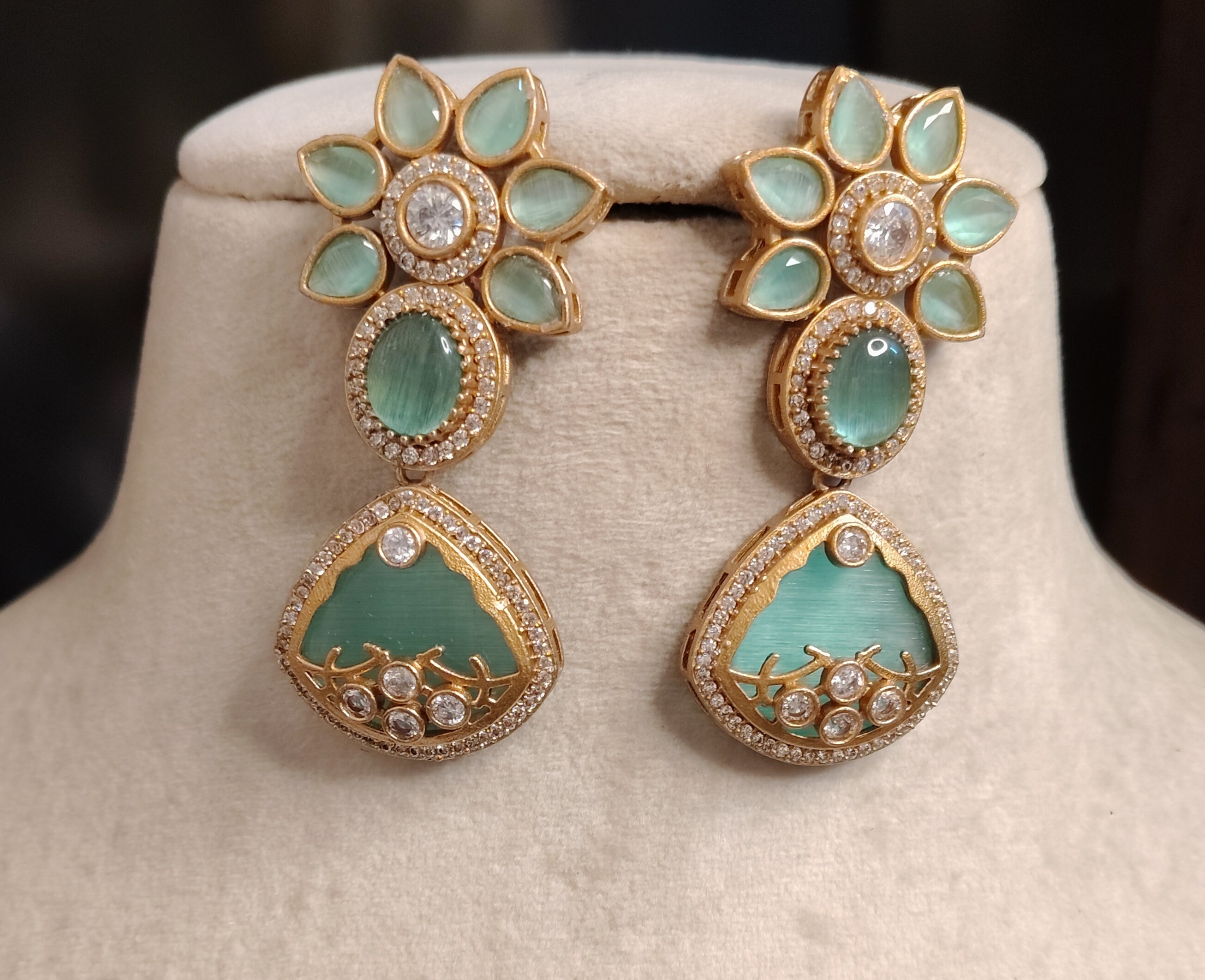 Ferozah Pakistani Mint Green Kundan Floral Drop Inlay Earrings Roz Jewellers.
