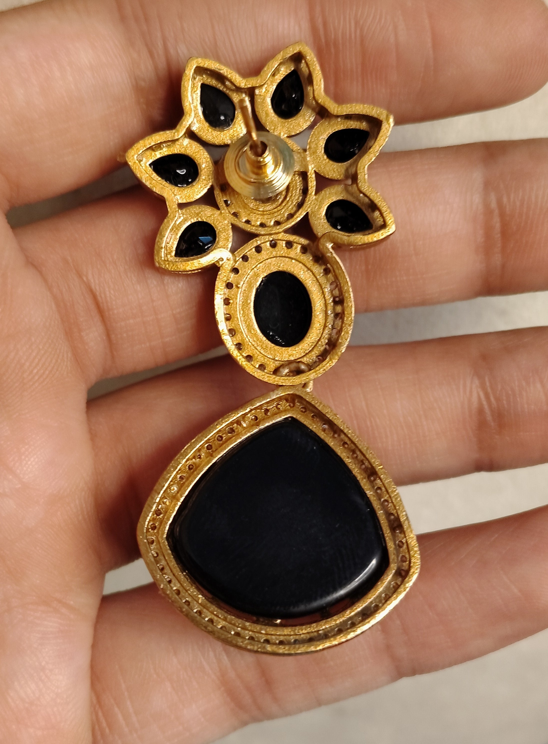 Nawra Wedding, Festive Black Kundan Floral Drop Inlay Earrings Roz Jewellers.
