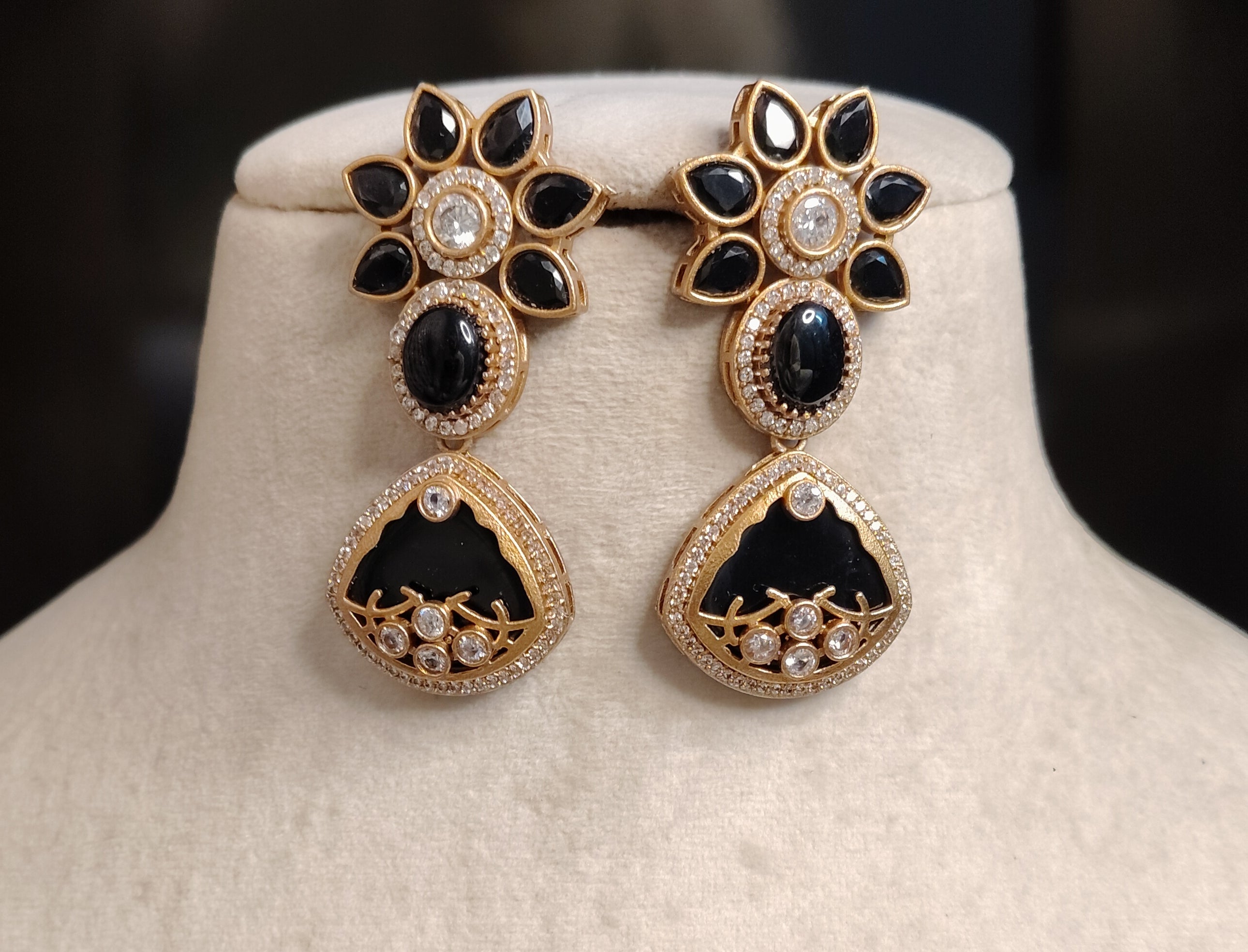 Nawra Wedding, Festive Black Kundan Floral Drop Inlay Earrings Roz Jewellers.