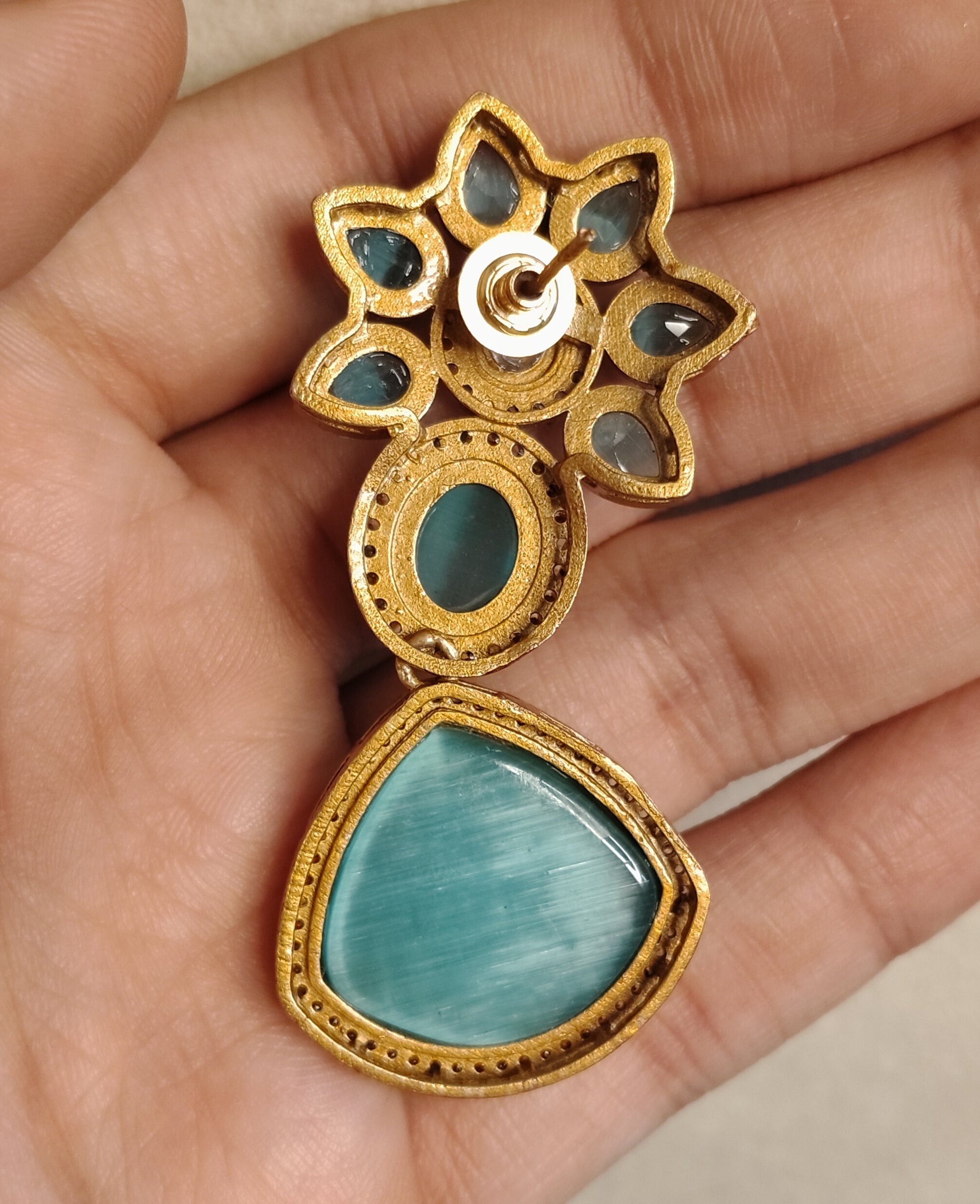 Waniya Indian Aqua Blue Kundan Floral Drop Inlay Earrings Roz Jewellers.