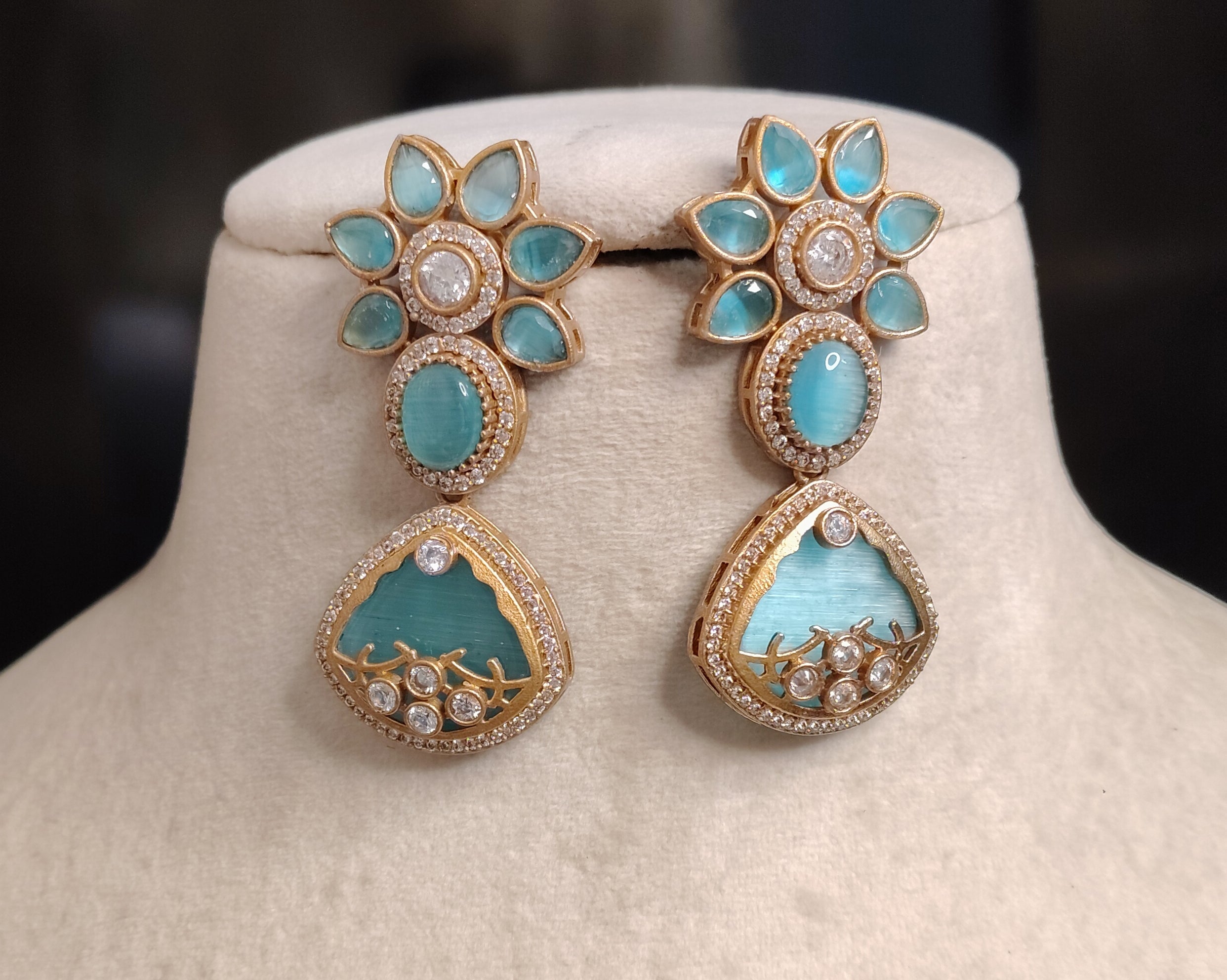 Waniya Indian Aqua Blue Kundan Floral Drop Inlay Earrings Roz Jewellers.