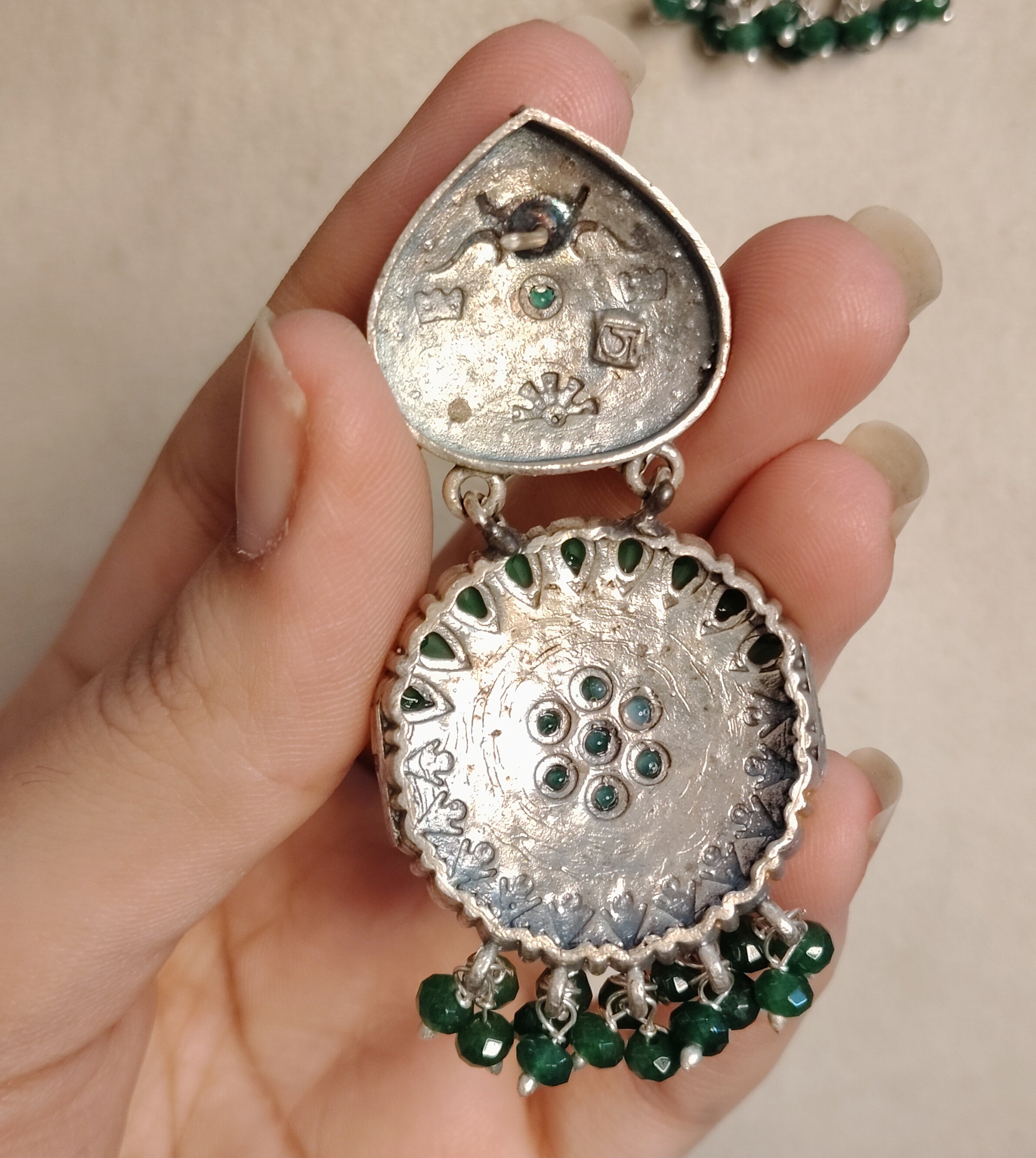 Handcrafted Oxidized Silver Green Stone Kundan Chandbali Earrings Roz Jewellers.