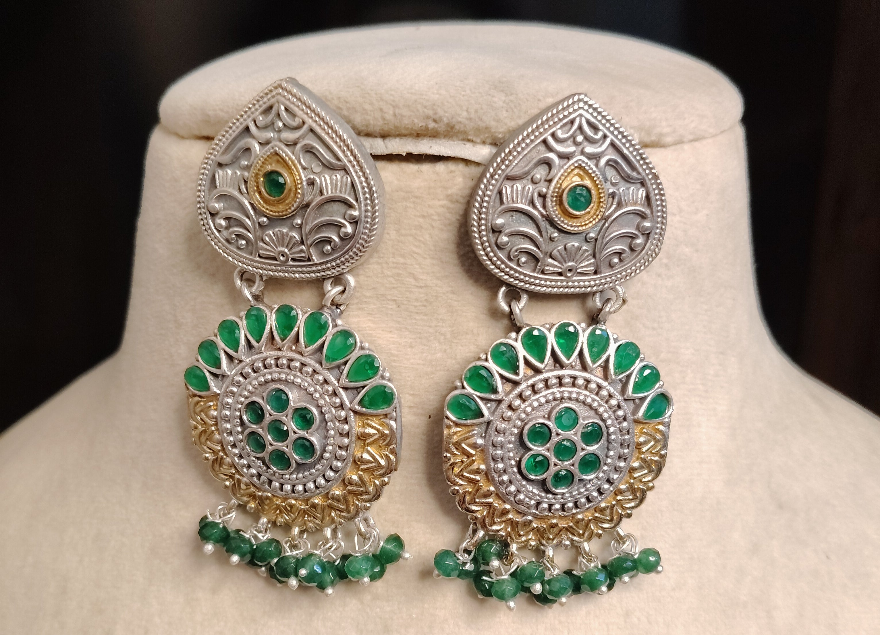 Handcrafted Oxidized Silver Green Stone Kundan Chandbali Earrings Roz Jewellers.