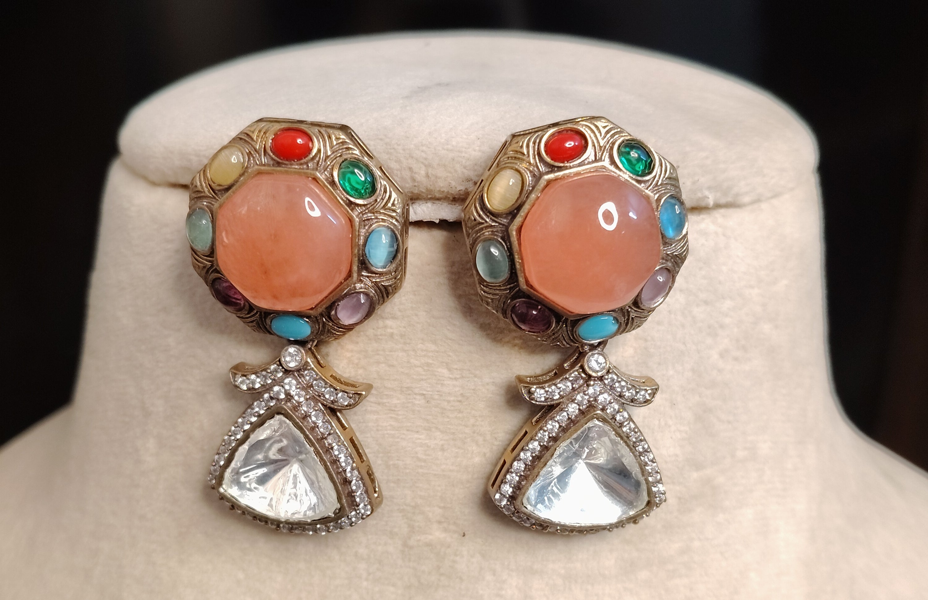 Luxury Coral Peach Multi Kundan Statement Earrings Gold Tone Roz Jewellers.