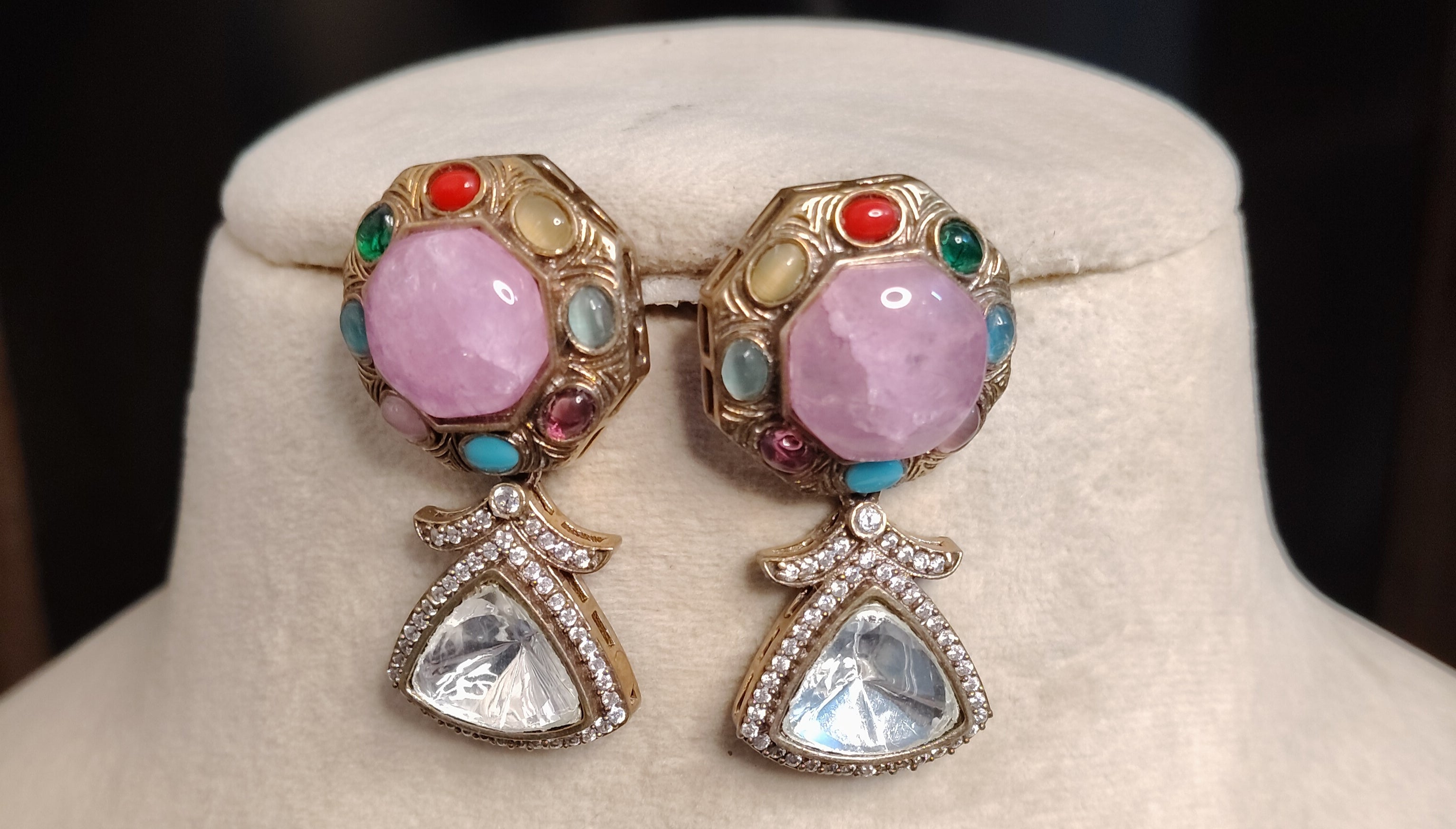 Luxury Lavender Pink Designer Kundan Earrings Multi Gemstone Gold Tone Roz Jewellers.