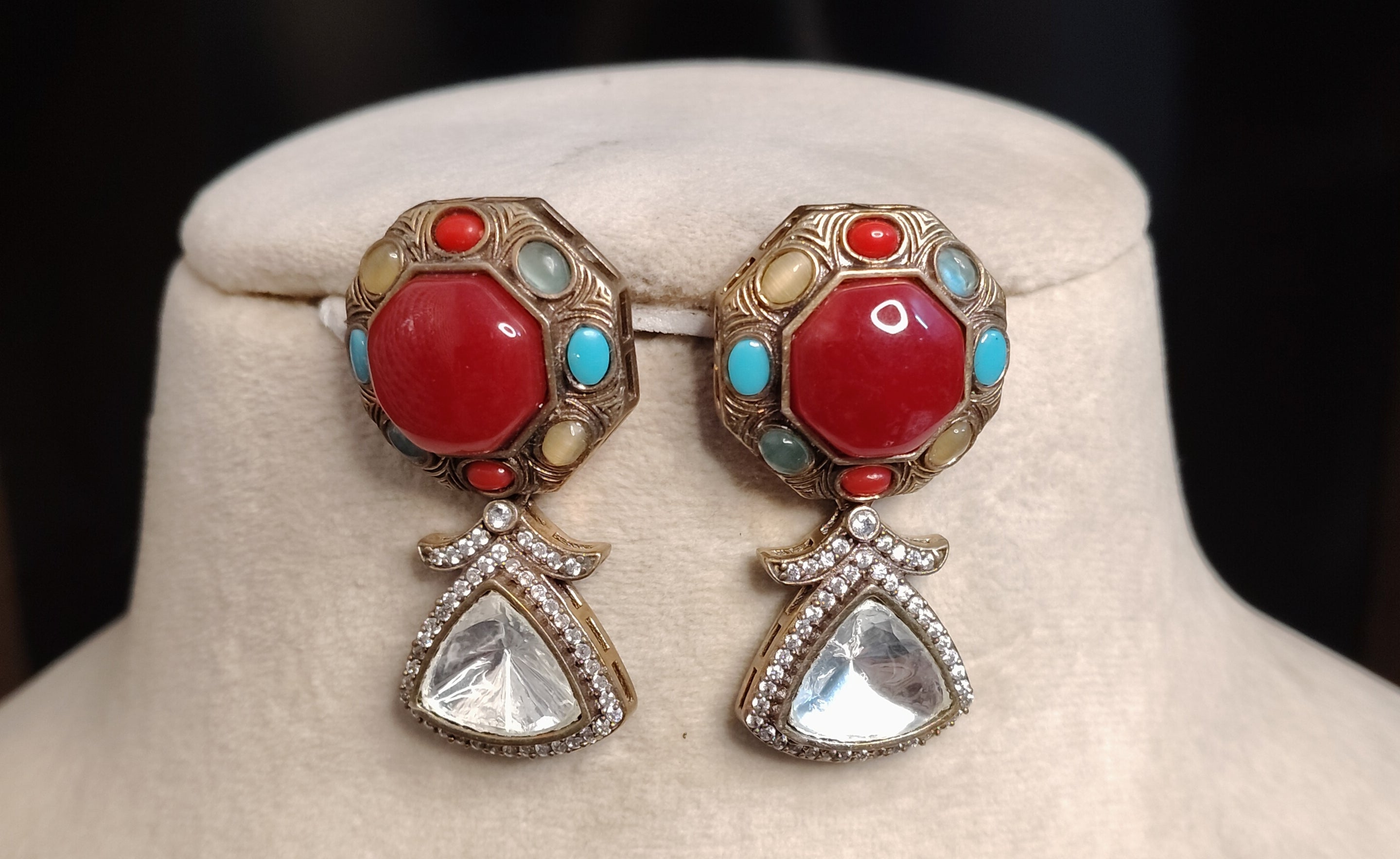 Luxury Statement Earrings Multi Kundan Stones Gold Tone Drop Roz Jewellers.