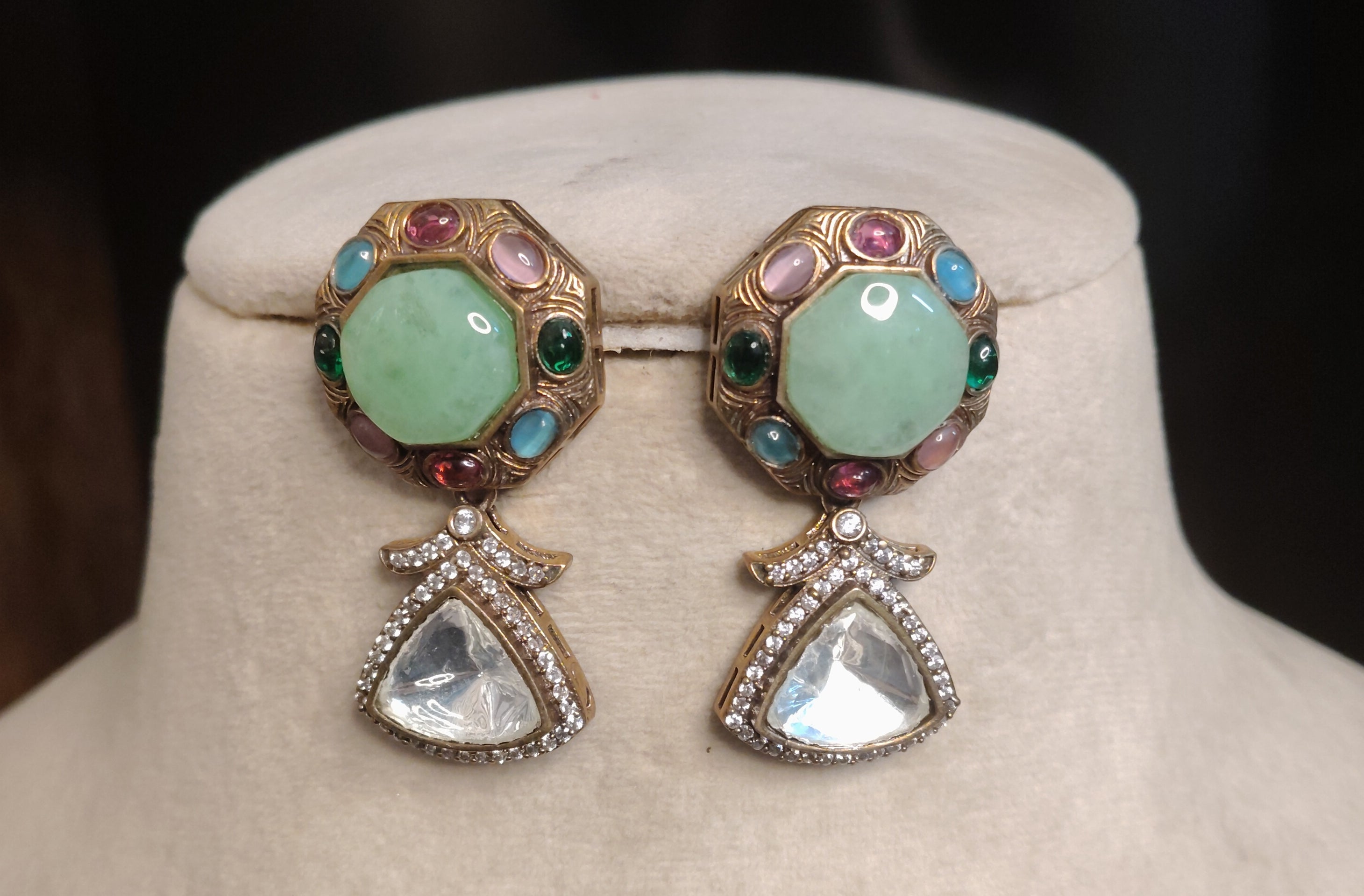 Luxury Mint Green Multi Kundan Stone Designer Earrings Gold Tone Drop Roz Jewellers.