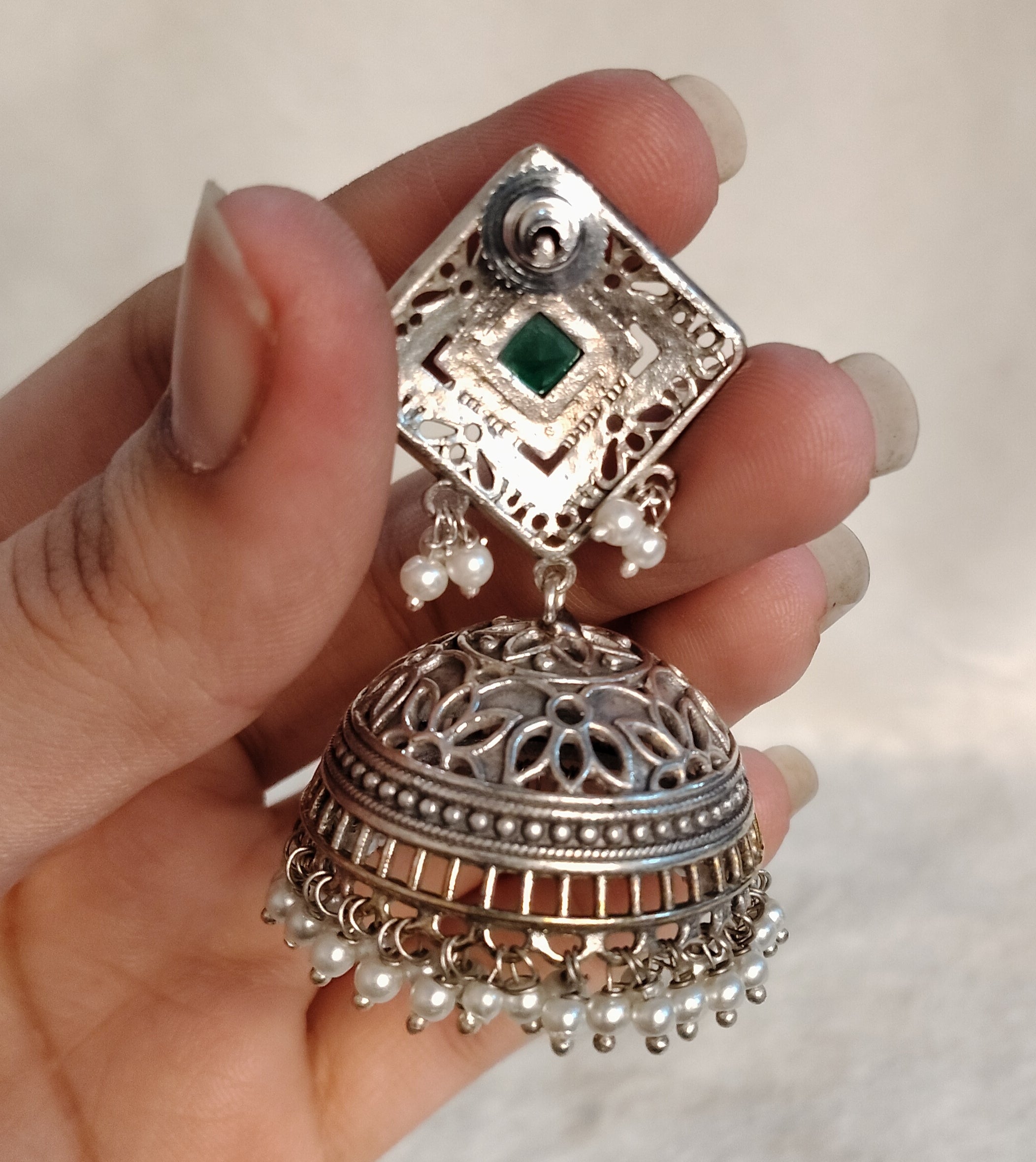 Zakiya Handcrafted Silver Kundan Jhumka Earrings with Green Square Stone Roz Jeweller.