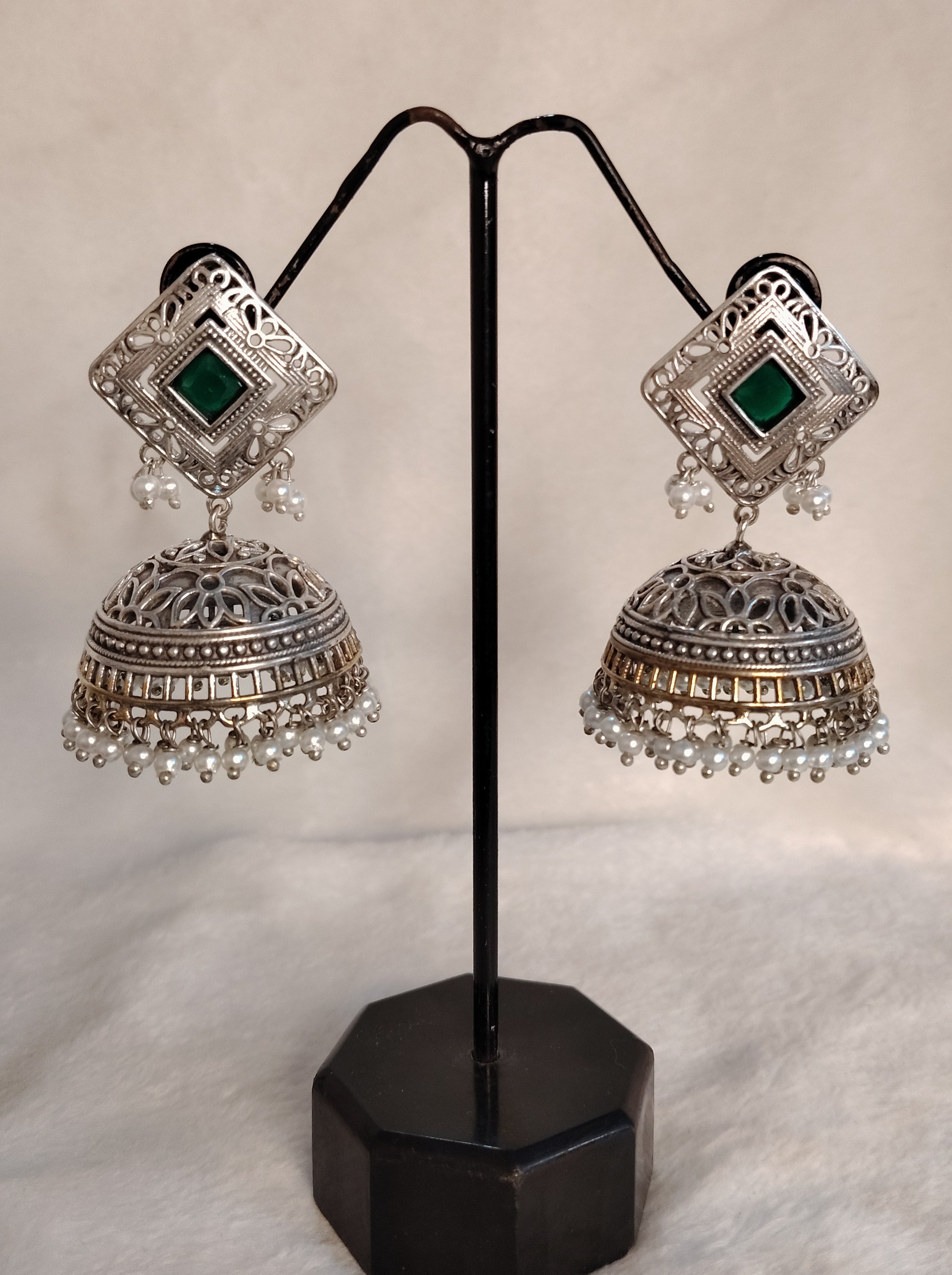 Zakiya Handcrafted Silver Kundan Jhumka Earrings with Green Square Stone Roz Jeweller.