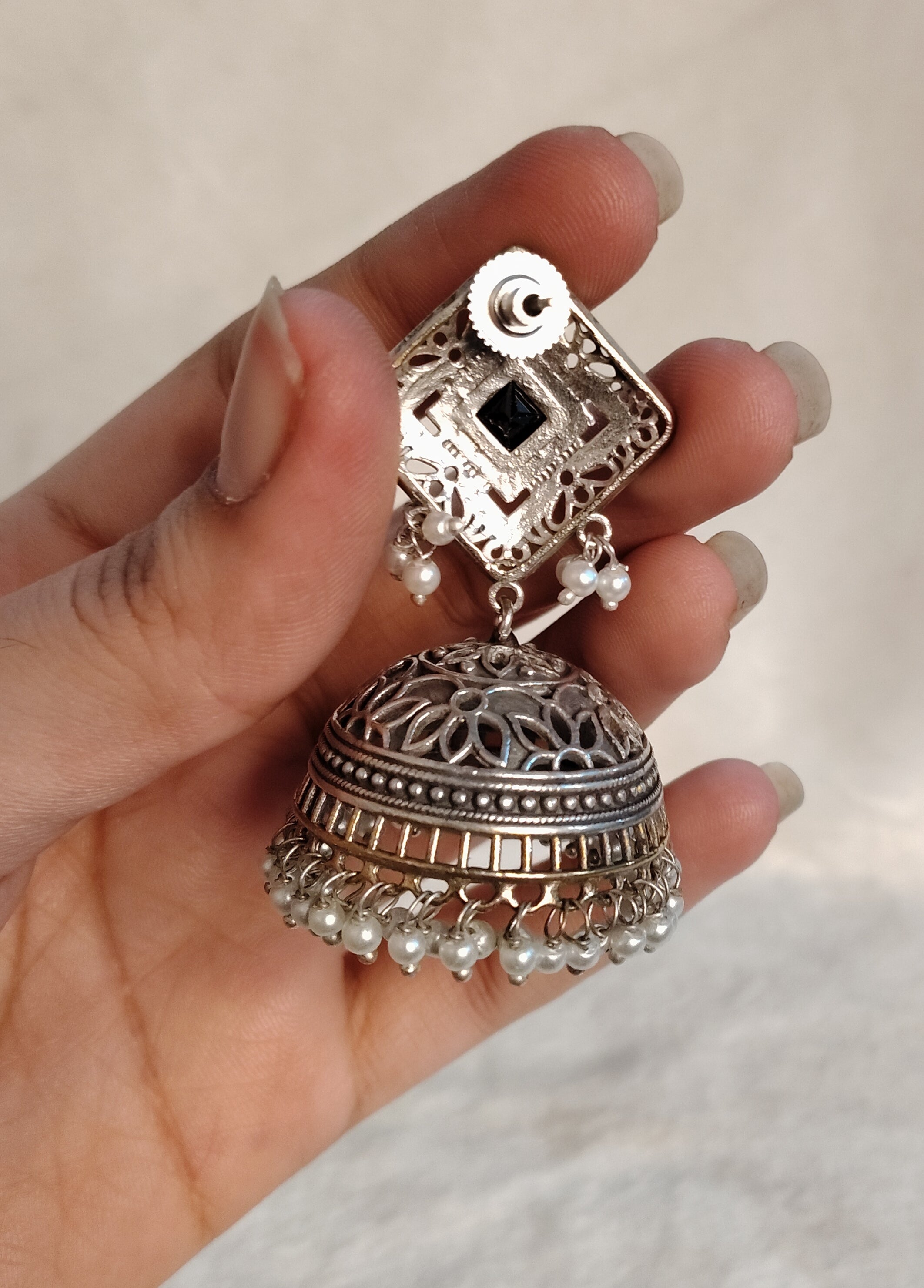 Zubi Handcrafted Silver Kundan Jhumka Earrings with Black Square Pearl Roz Jeweller.