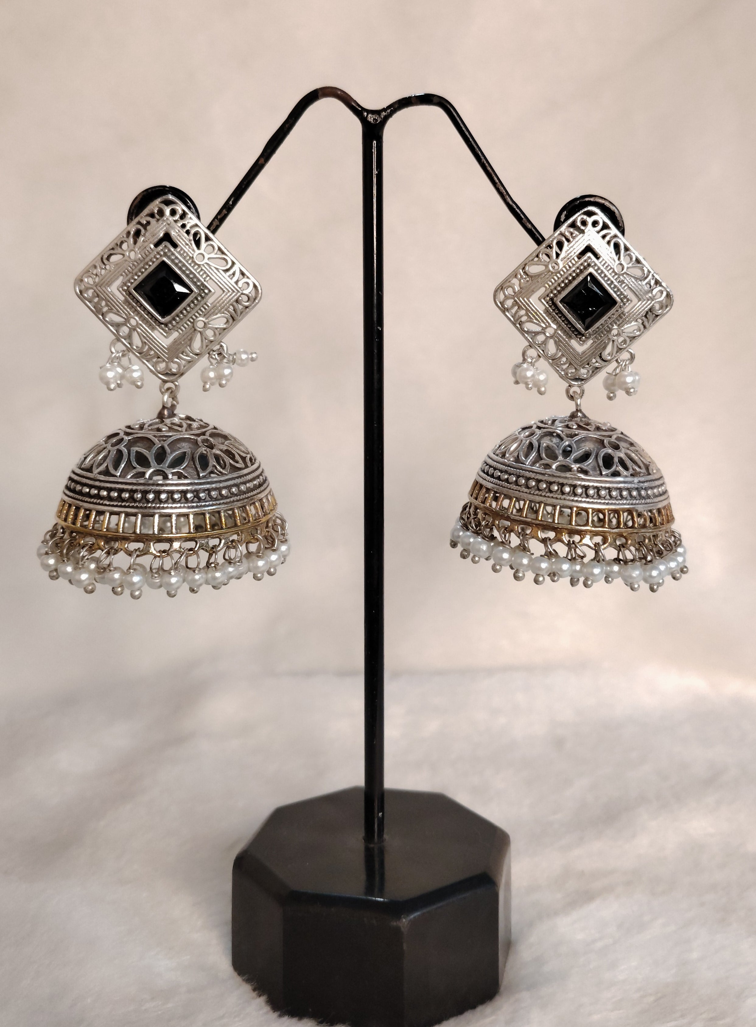 Zubi Handcrafted Silver Kundan Jhumka Earrings with Black Square Pearl Roz Jeweller.