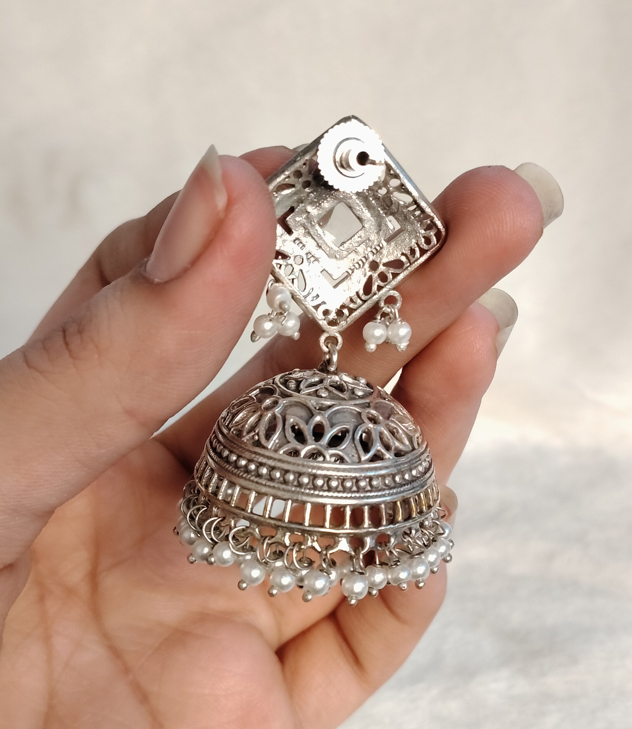 White Stone Square Oxidized Silver Kundan Jhumka Earrings with Pearl Roz Jeweller.