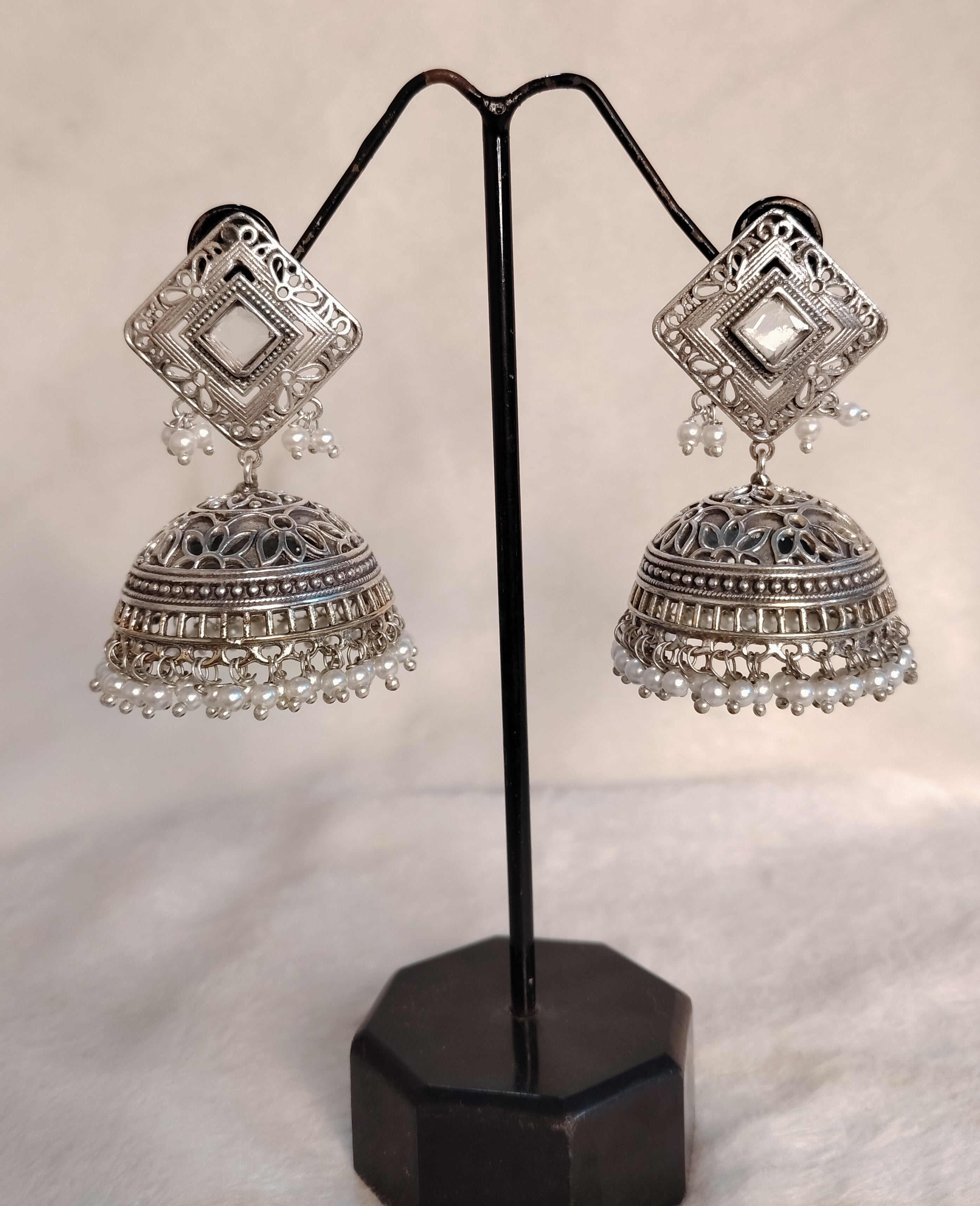 White Stone Square Oxidized Silver Kundan Jhumka Earrings with Pearl Roz Jeweller.