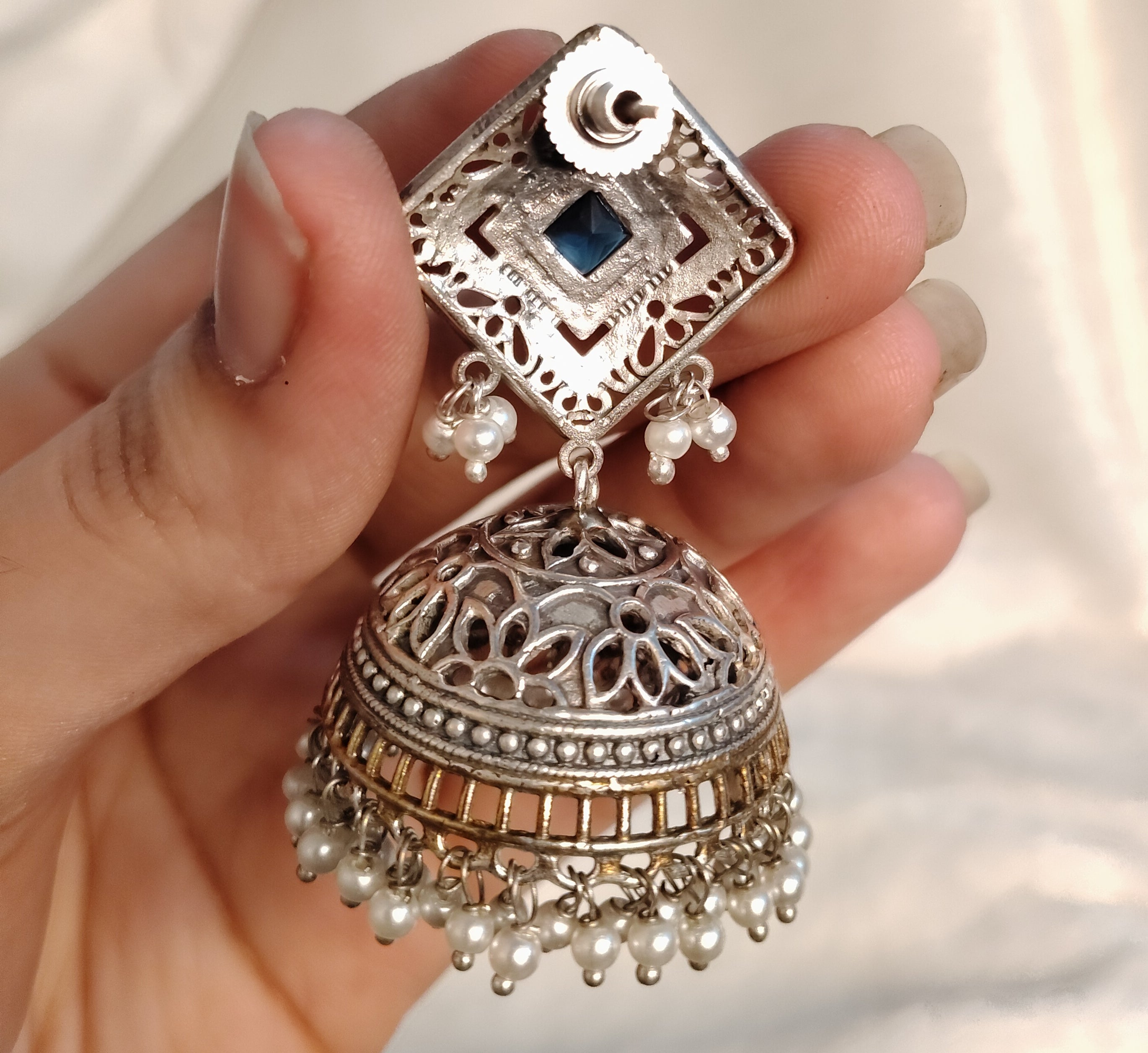 Navy Blue Square Oxidized Kundan Silver Jhumka Earrings with Pearl Fringe Roz Jeweller.