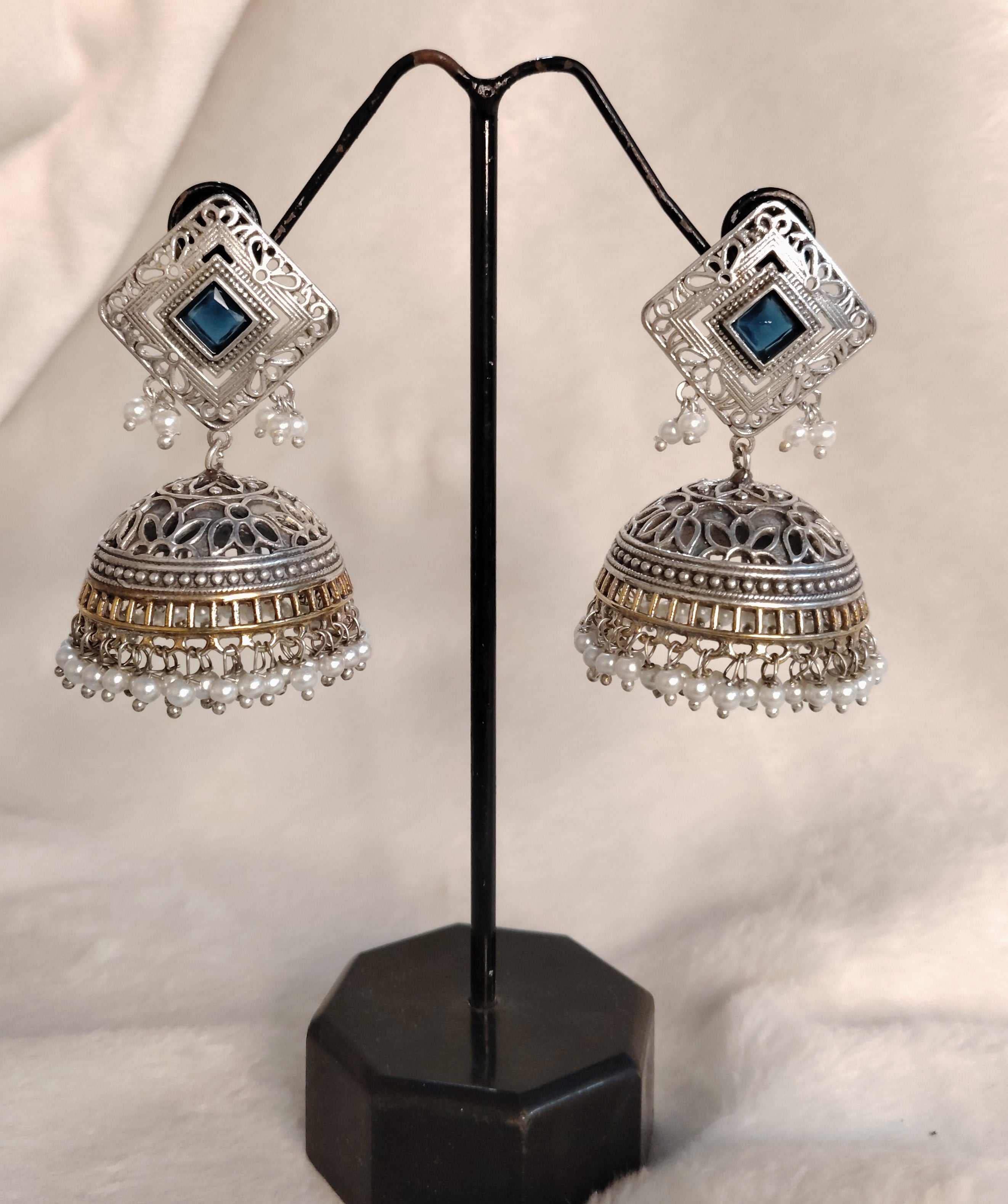 Navy Blue Square Oxidized Kundan Silver Jhumka Earrings with Pearl Fringe Roz Jeweller.