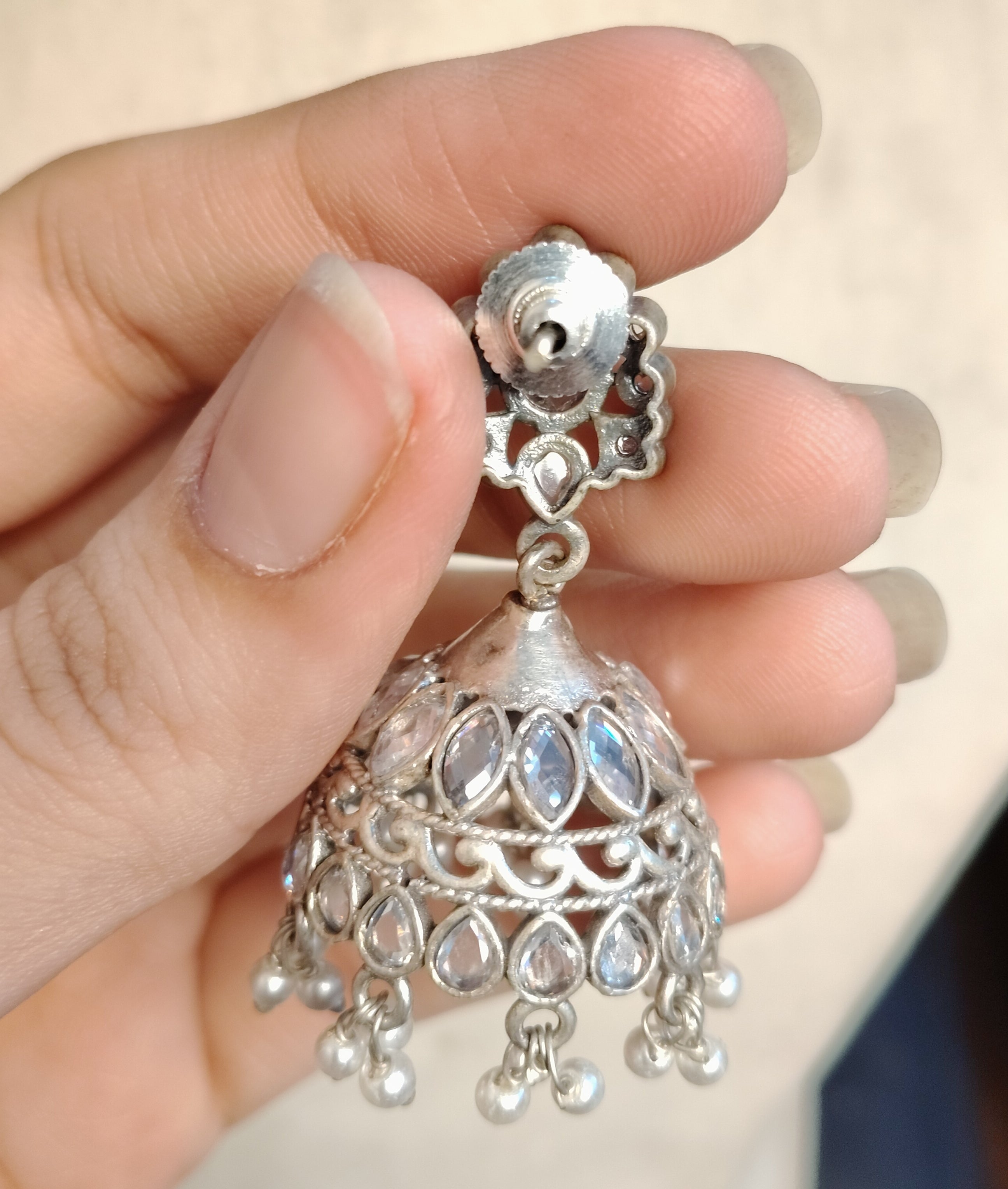 Elegant White Stone Oxidize Silver Jhumka Kundan Earrings with Pearl Drop Roz Jeweller.