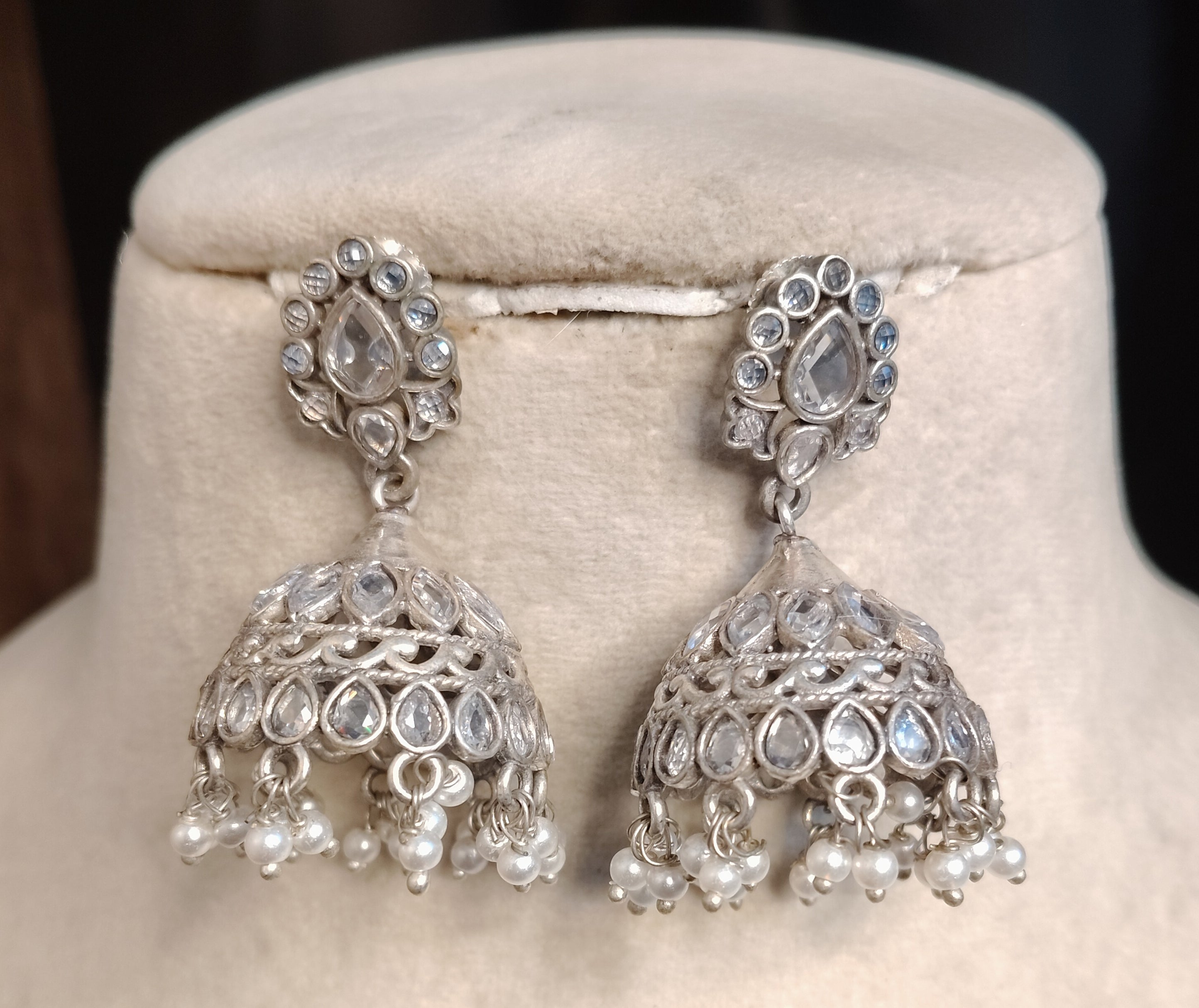 Elegant White Stone Oxidize Silver Jhumka Kundan Earrings with Pearl Drop Roz Jeweller.