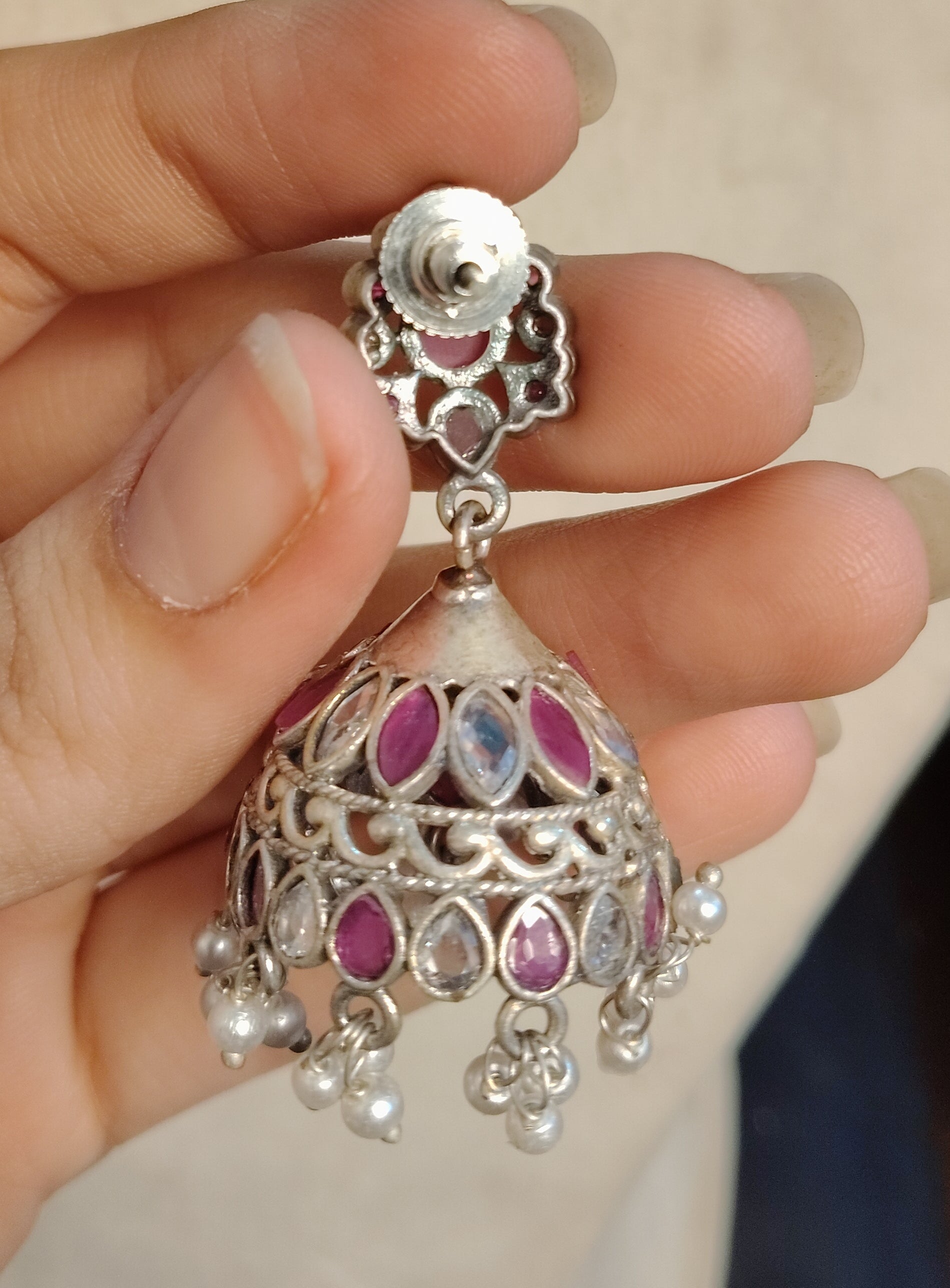 Royal Kundan Silver Jhumki Earrings with Pearl Drops Roz Jewellers.
