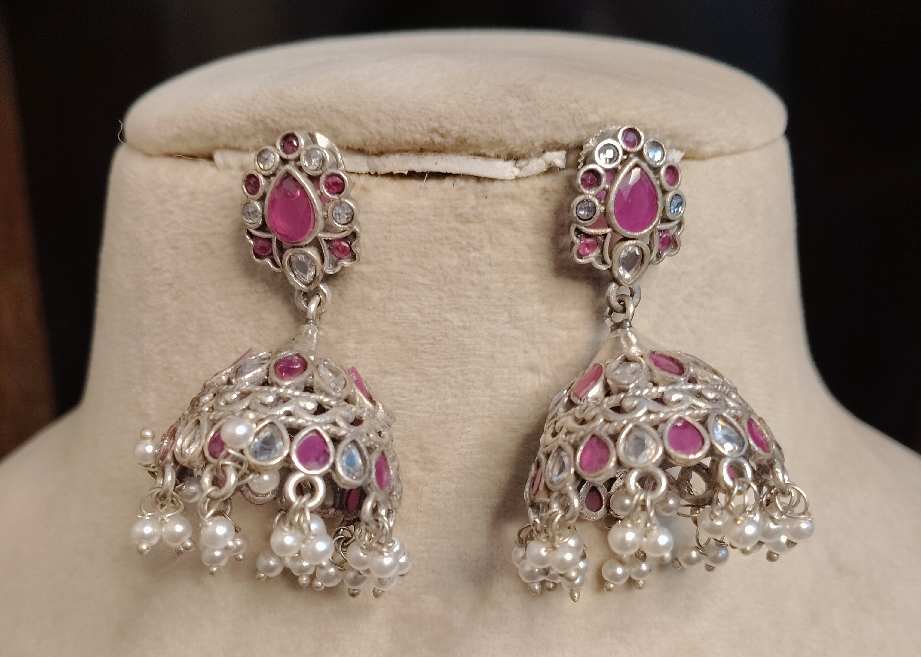 Royal Kundan Silver Jhumki Earrings with Pearl Drops Roz Jewellers.