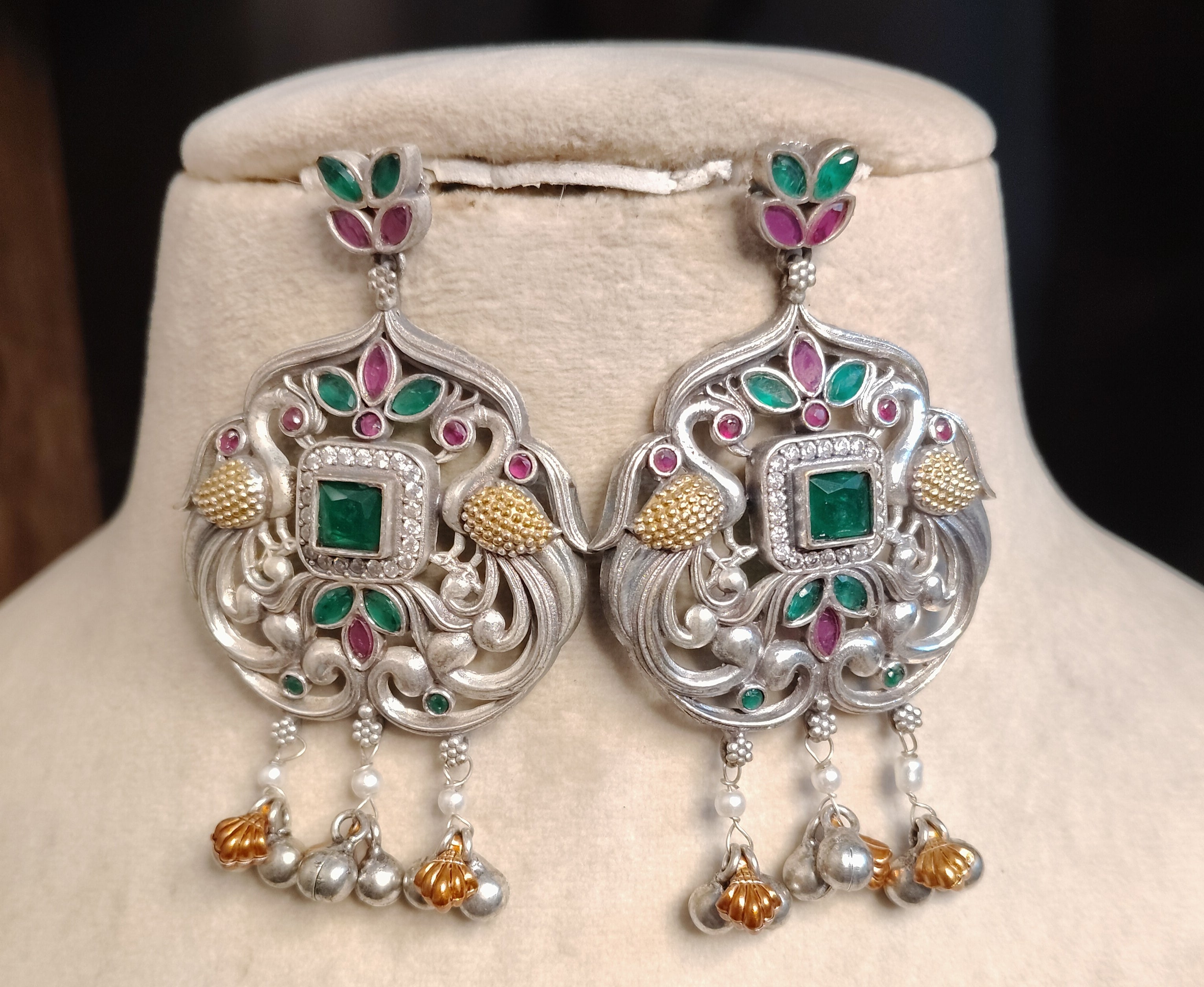 Royal Heritage Bird Motif Oxidize Kundan Chandelier Earrings with Emerald Roz Jeweller.
