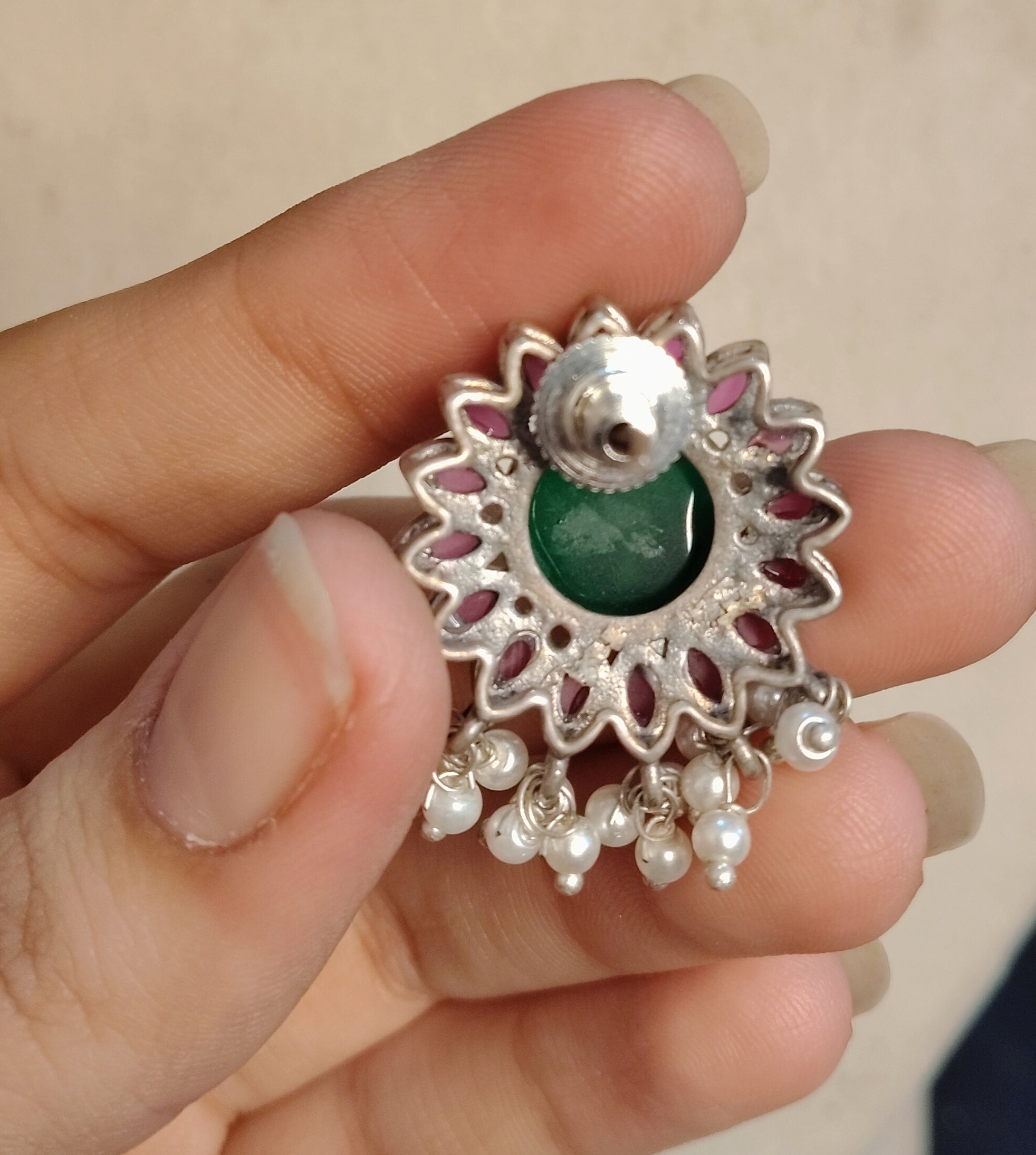 Blooming Lotus Oxidized Floral Kundan Earrings with Green Center Stone Roz Jewellers.