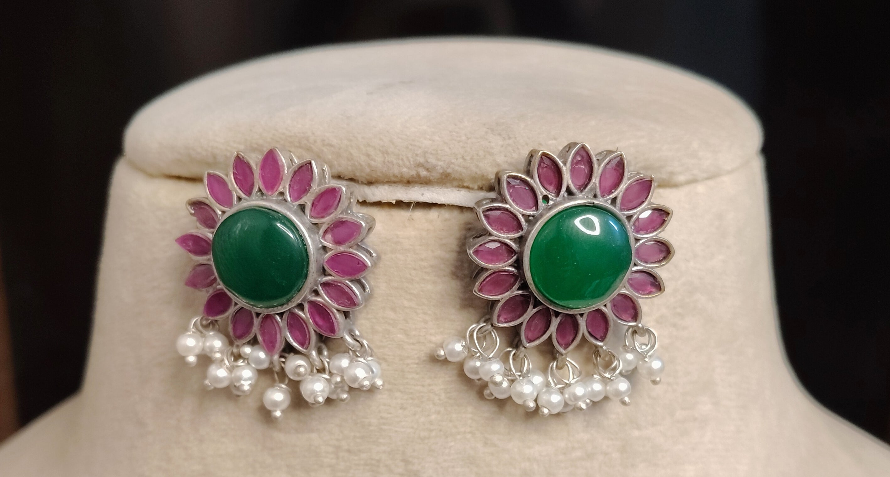 Blooming Lotus Oxidized Floral Kundan Earrings with Green Center Stone Roz Jewellers.