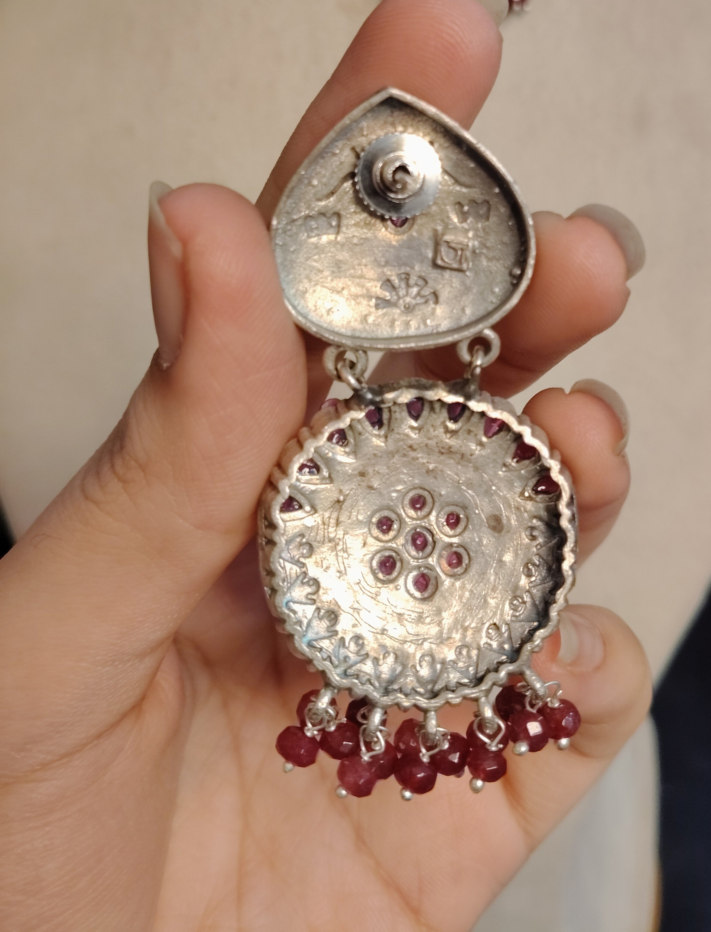 Dual Tone Oxidized Silver Ruby Stone Chandbali Kundan Earrings with Bead Roz Jewellers.