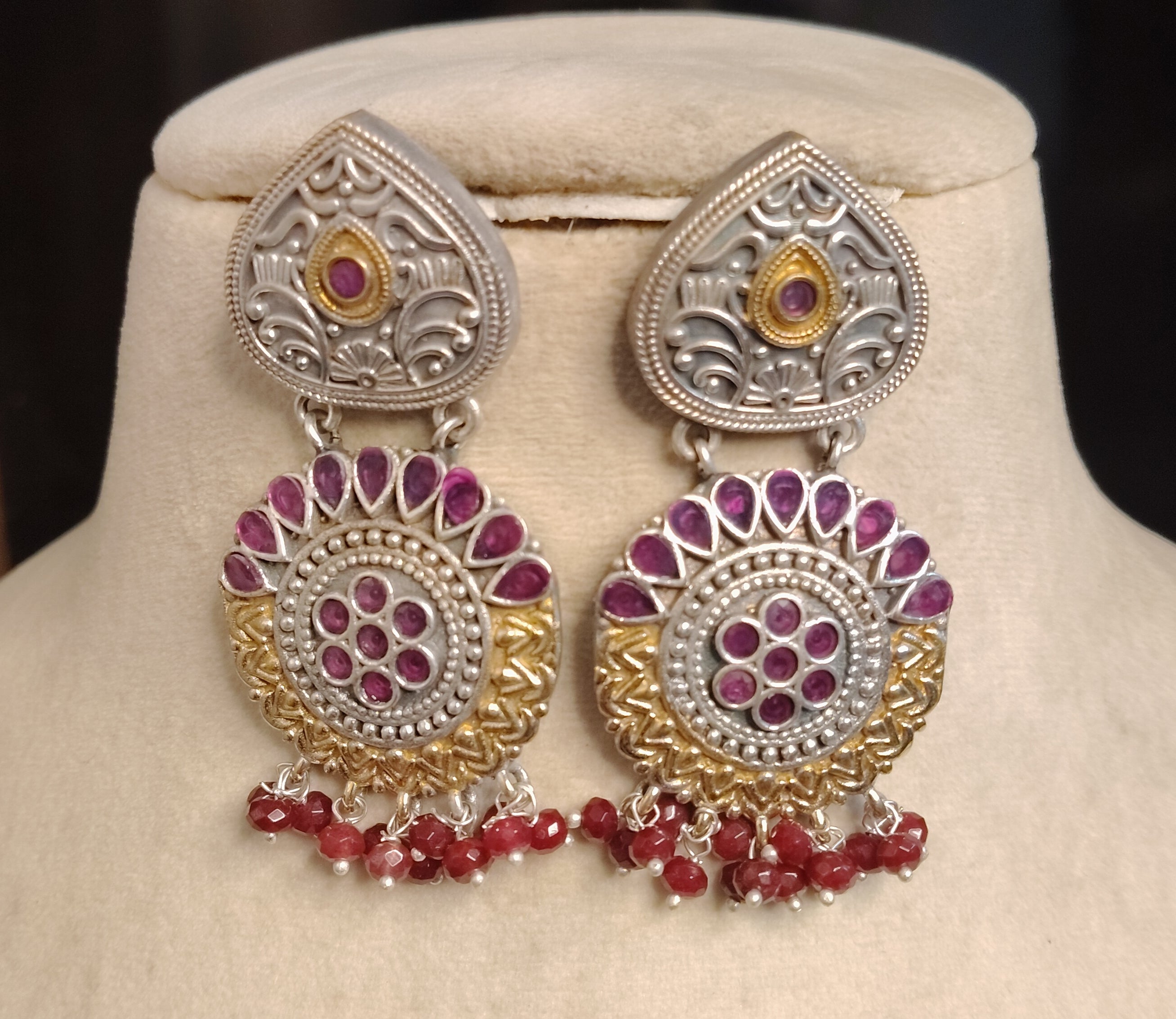Dual Tone Oxidized Silver Ruby Stone Chandbali Kundan Earrings with Bead Roz Jewellers.