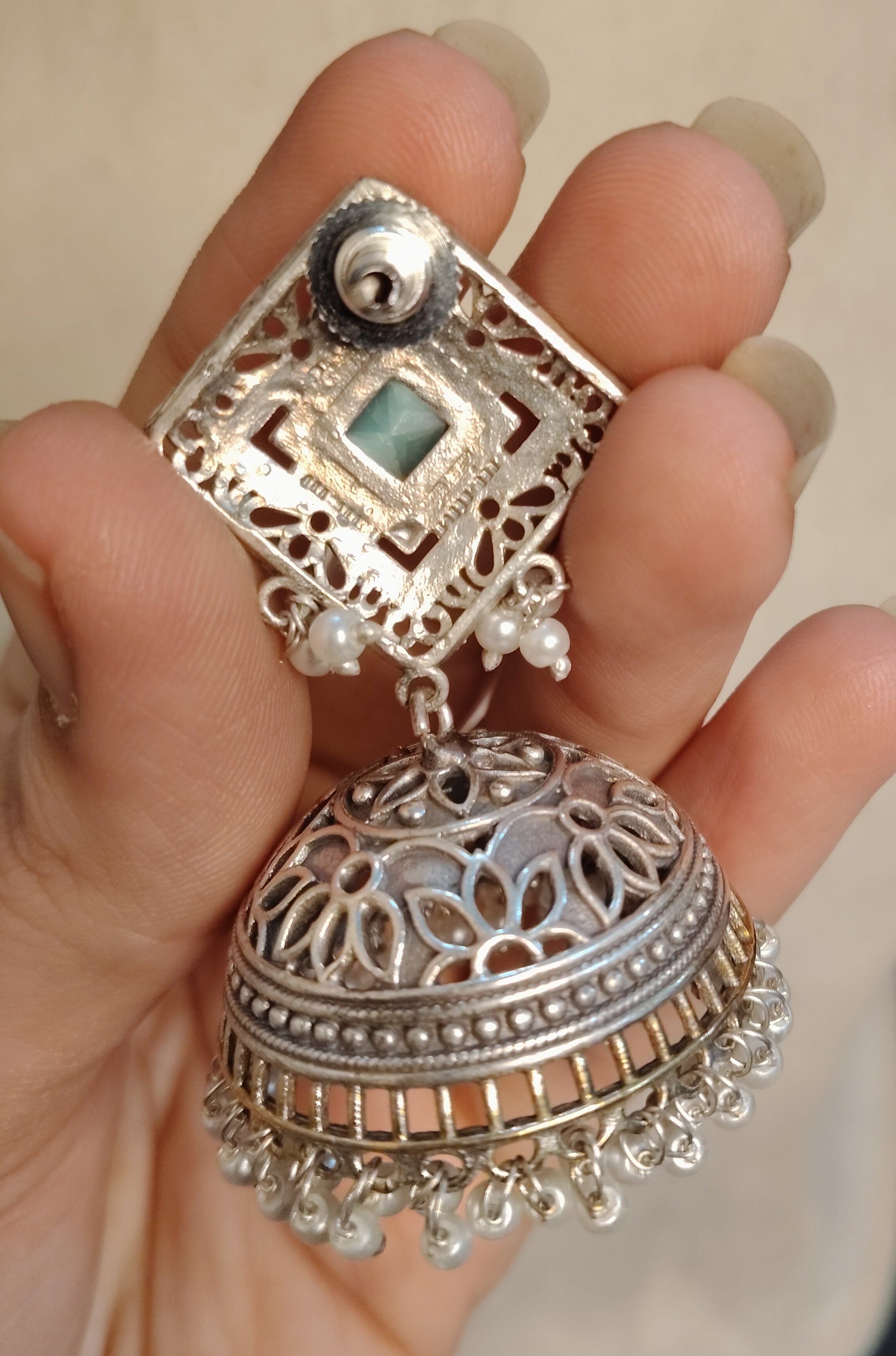 Kundan Silver Filigree Jhumka Green Stone, Pearl Roz Jewellers.