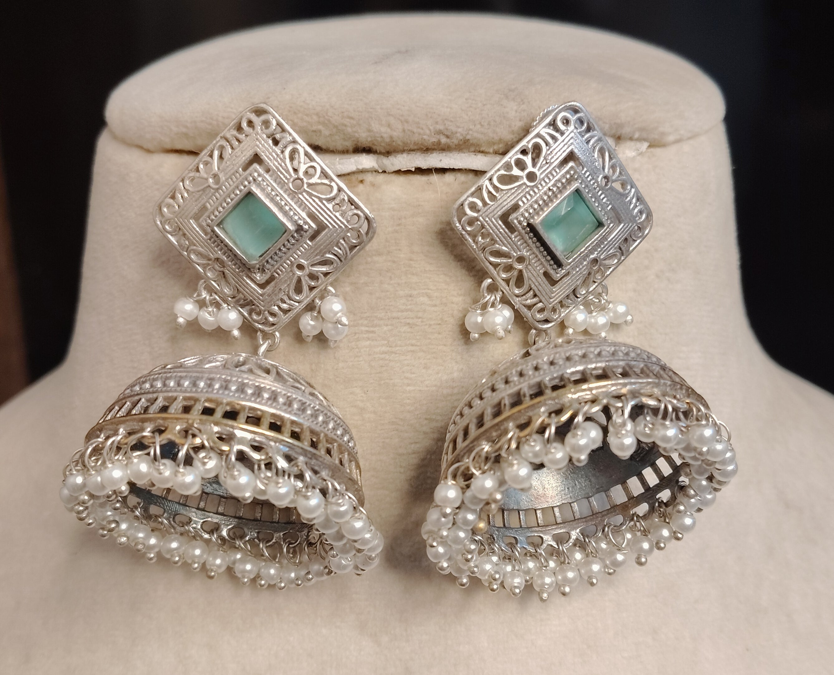 Kundan Silver Filigree Jhumka Green Stone, Pearl Roz Jewellers.