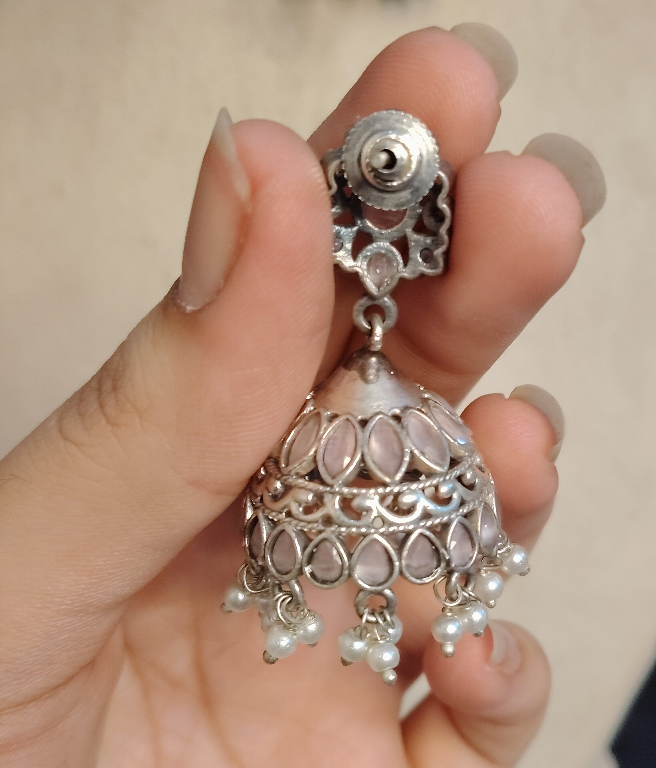 Oxidized Silver Pink Stone Kundan Jhumka Earrings with Pearl Drops Roz Jewellers.