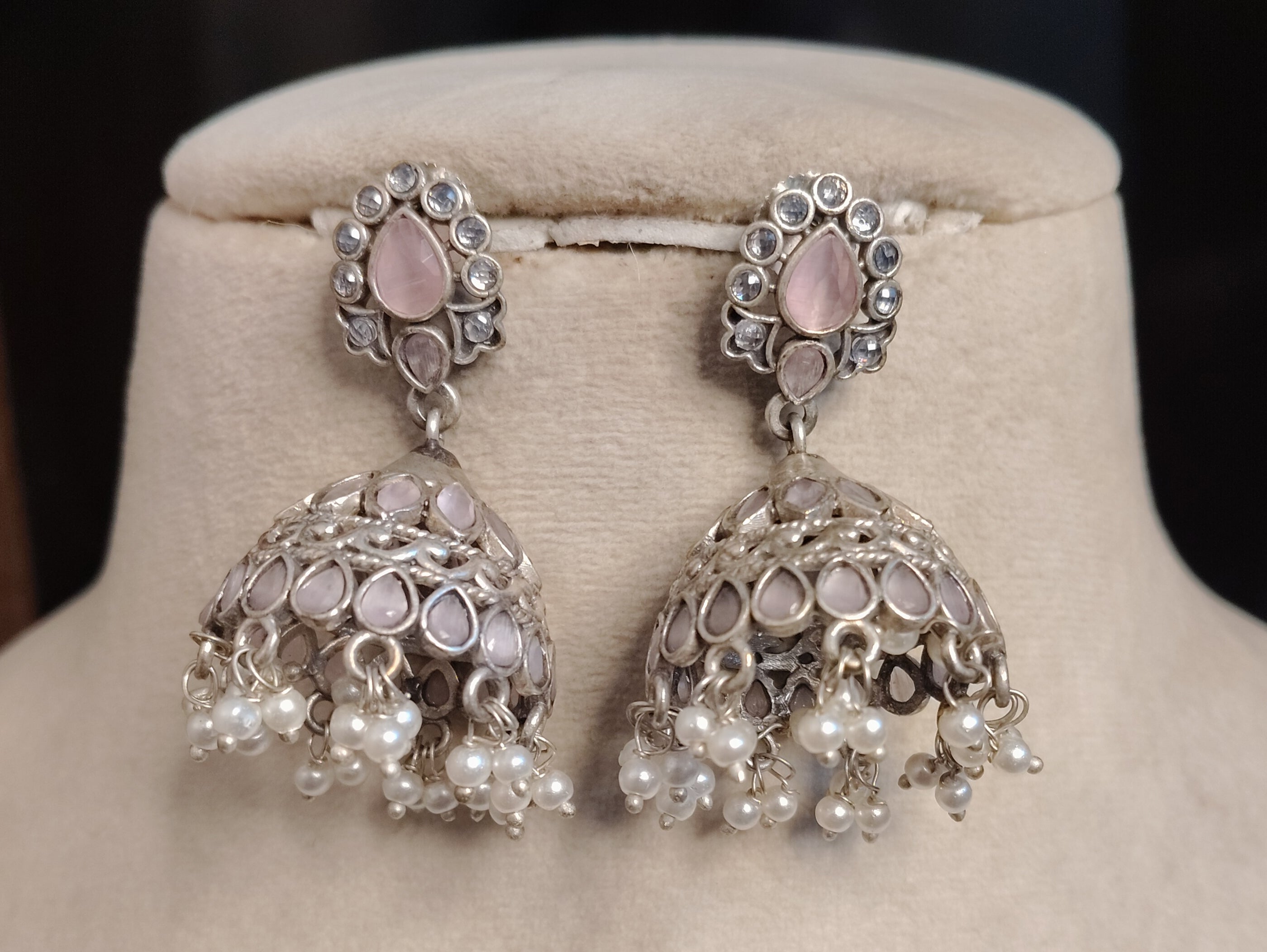 Oxidized Silver Pink Stone Kundan Jhumka Earrings with Pearl Drops Roz Jewellers.