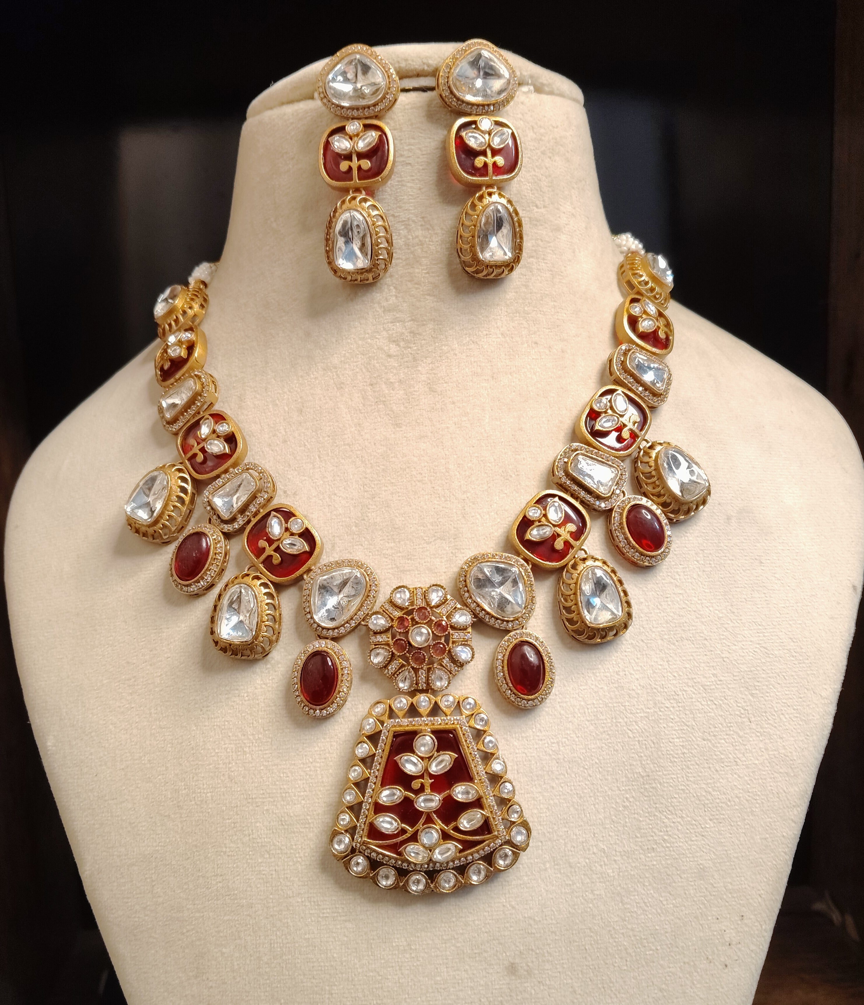 Farah Ruby Red and Gold Kundan Style Necklace Set Roz Jewellers.
