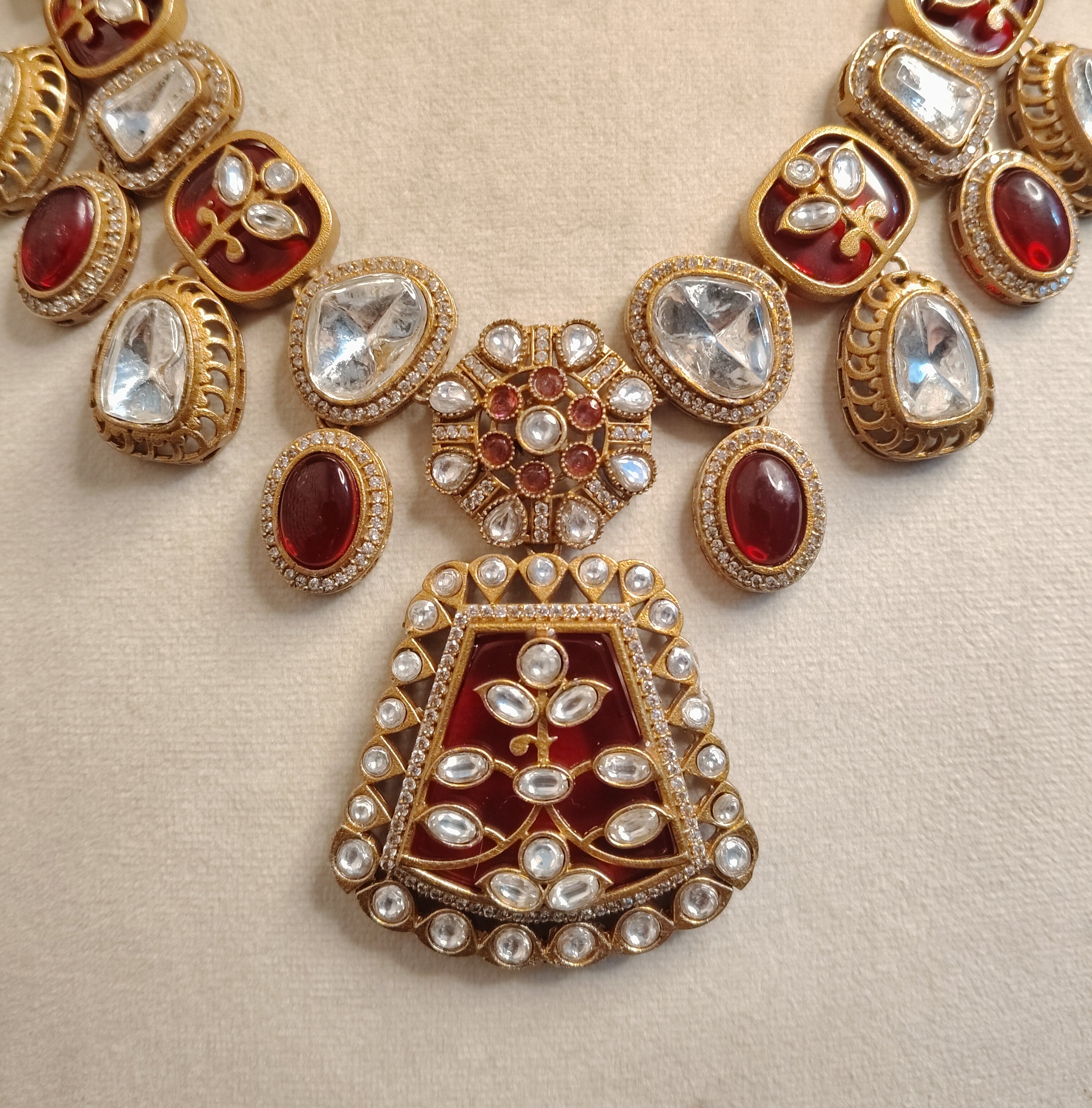 Farah Ruby Red and Gold Kundan Style Necklace Set Roz Jewellers.