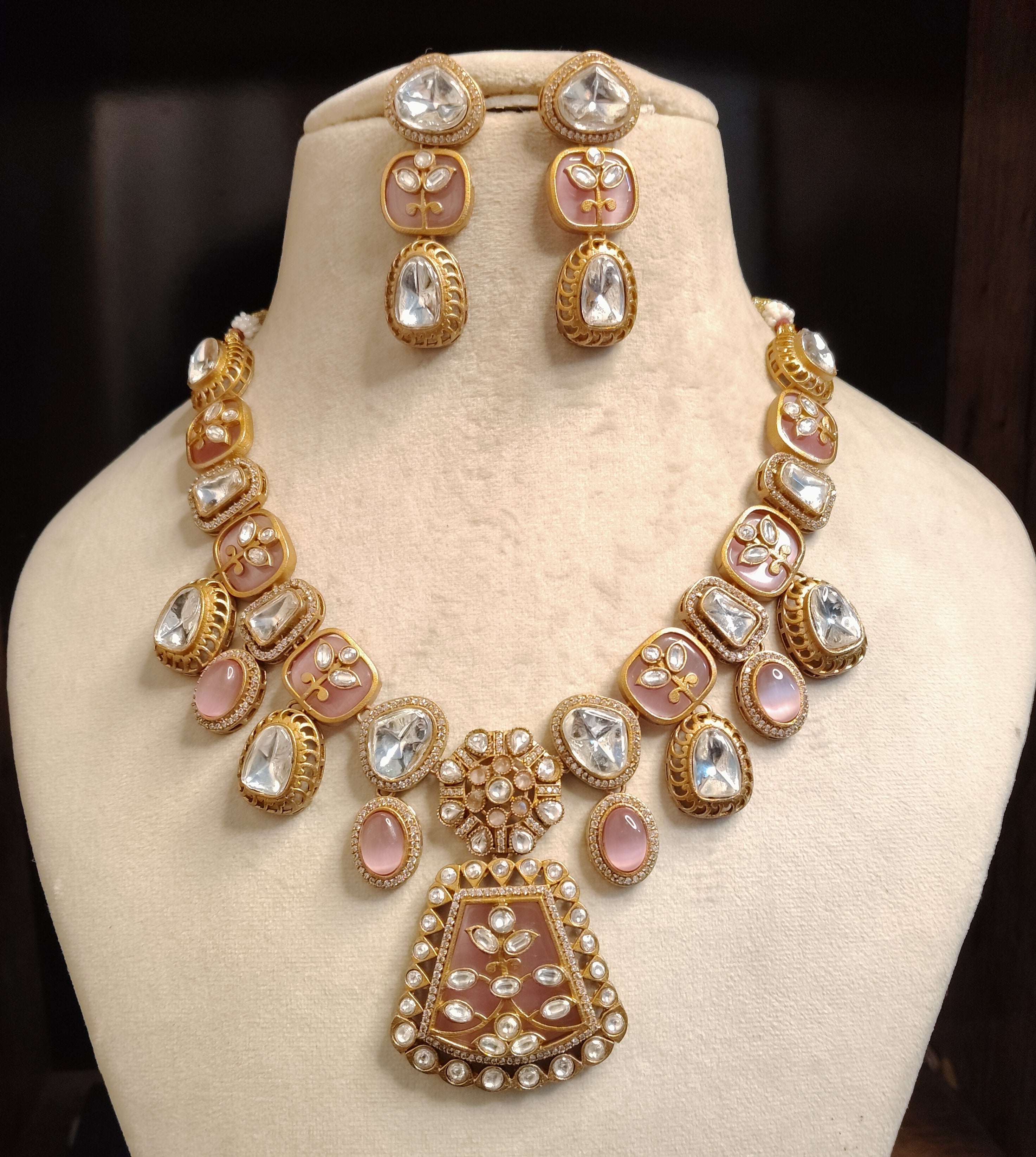 Anusha Traditional Blush Pink and Gold Kundan Style Necklace Set Roz Jewellers.