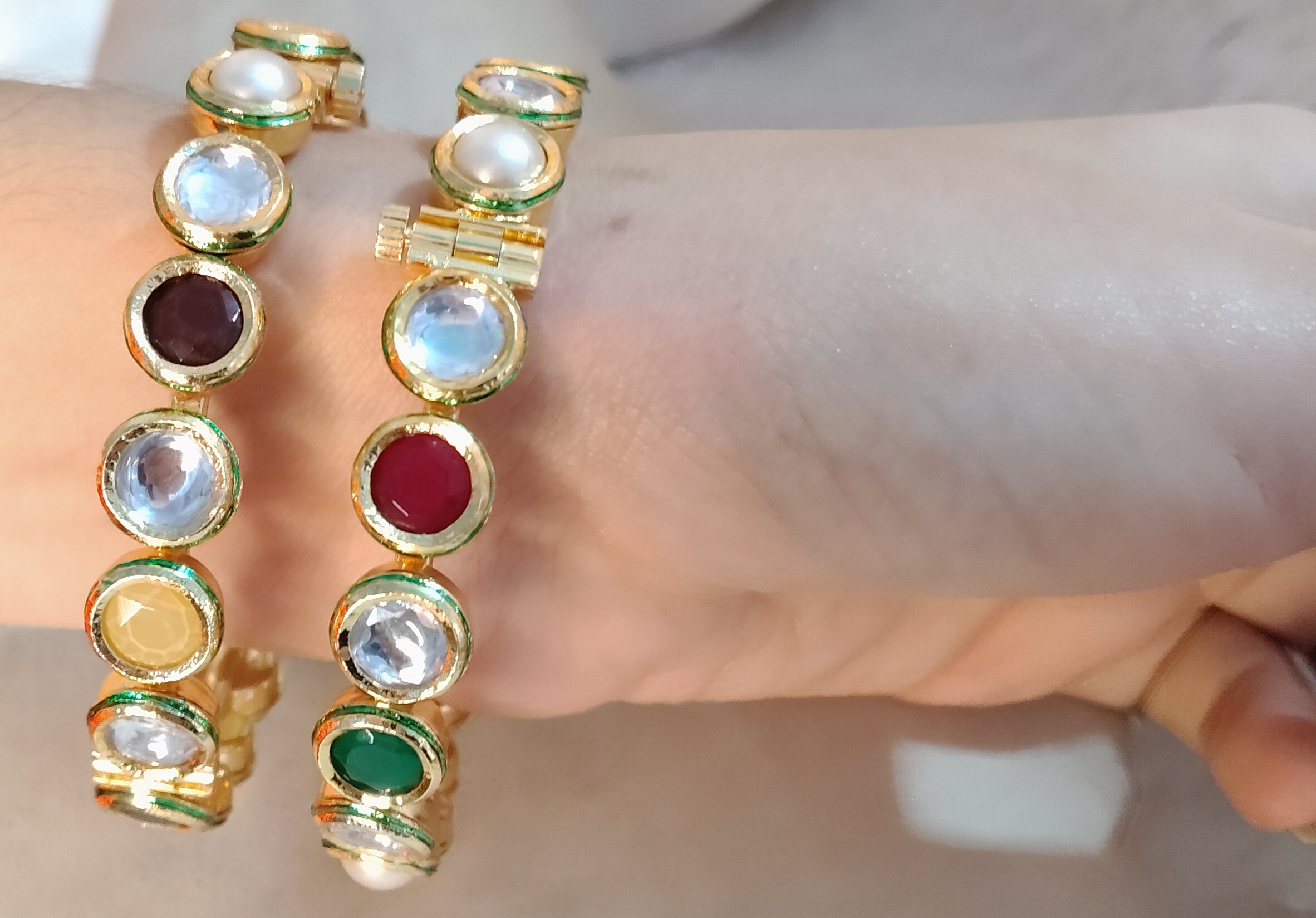 Heritage Gold Navratna Bangles with Kundan Accents Roz Jewellers.