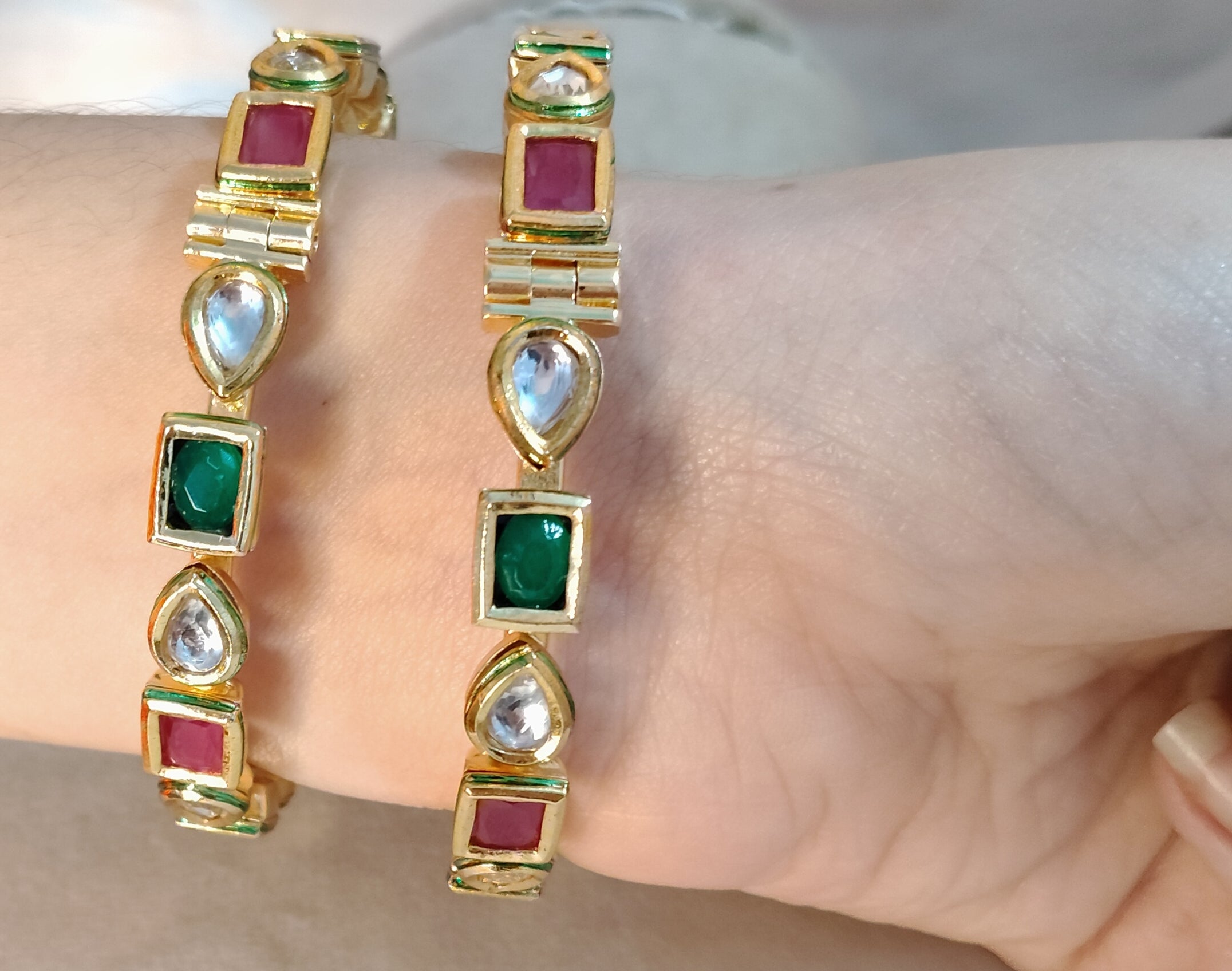 Royal Emerald and Ruby Kundan Bangles in Gold Finish Roz Jewellers.