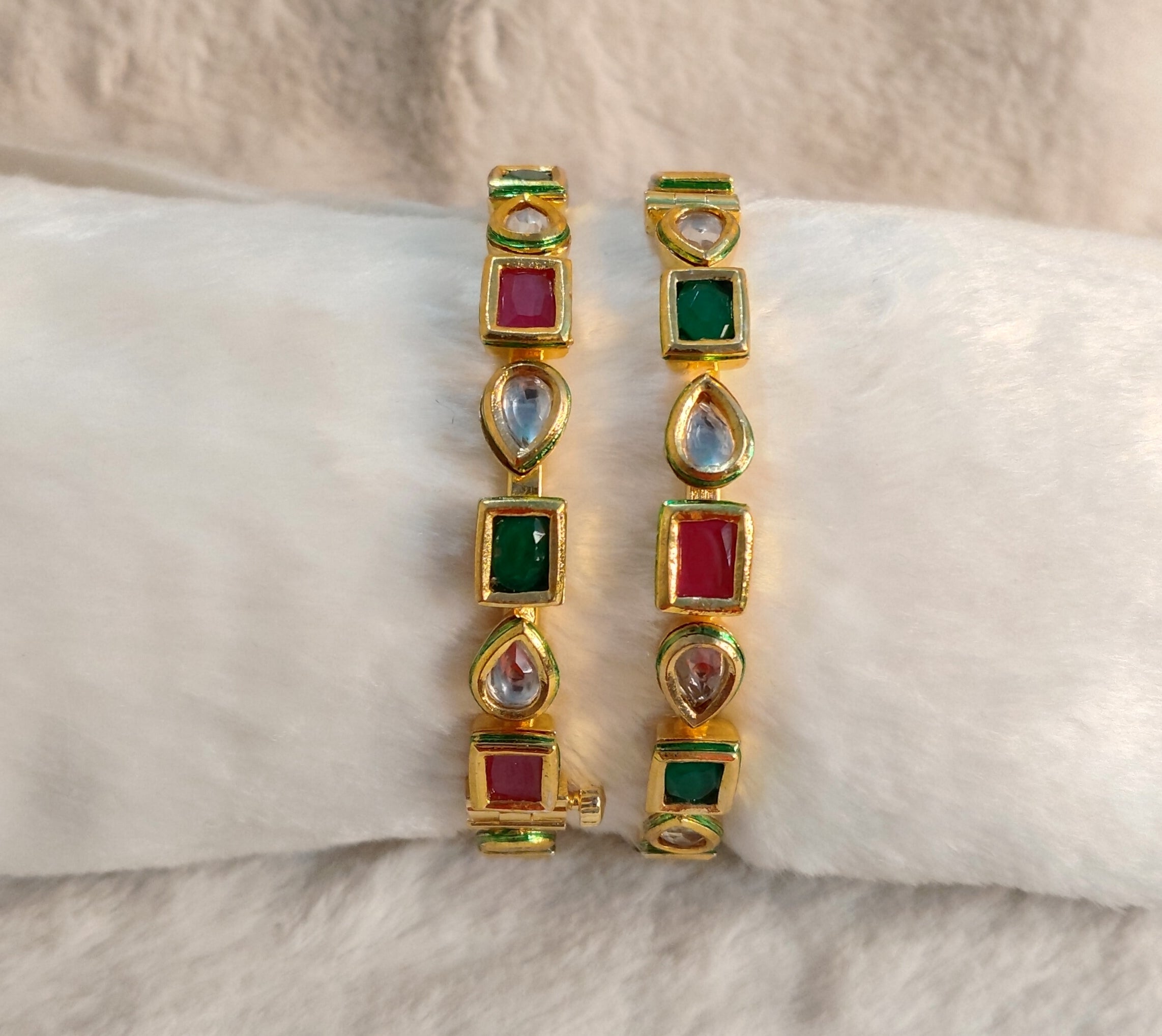 Royal Emerald and Ruby Kundan Bangles in Gold Finish Roz Jewellers.
