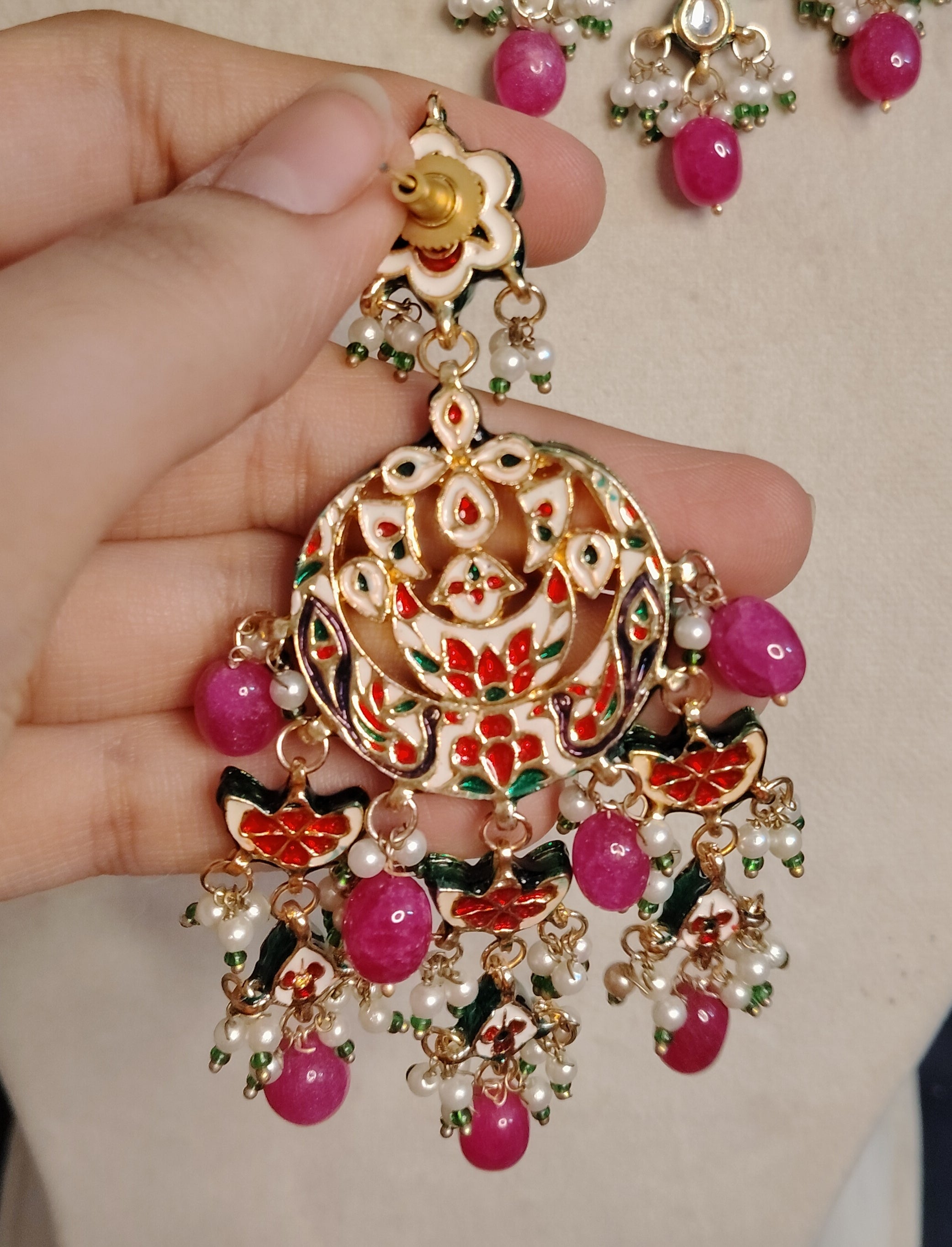Exquisite Kundan and Pink Bead Crescent Earrings for Women Roz Jewellers