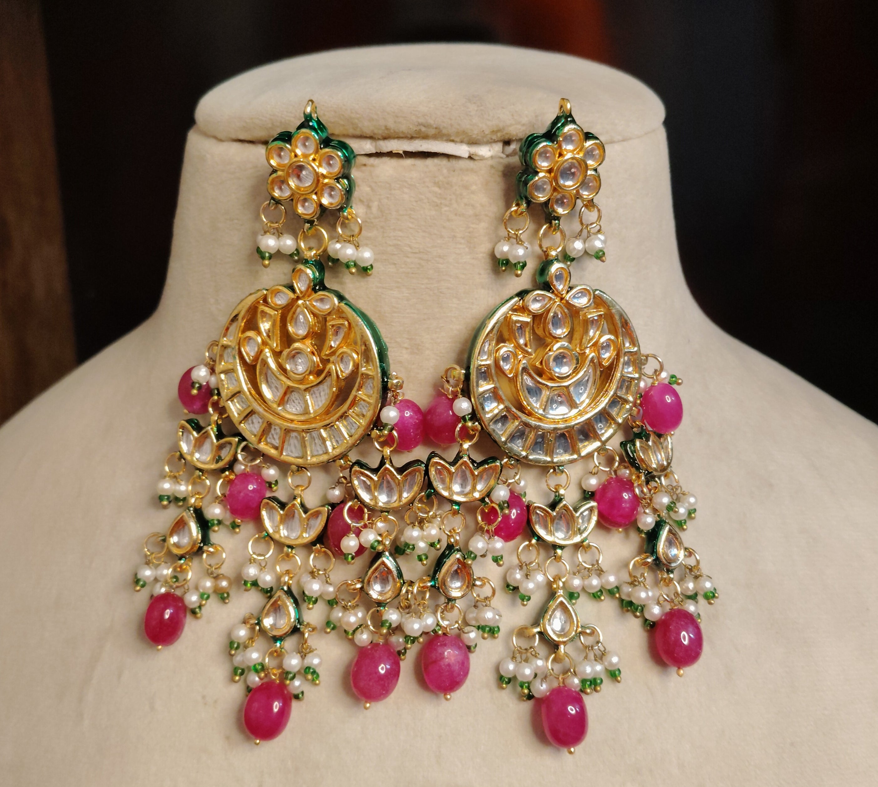 Exquisite Kundan and Pink Bead Crescent Earrings for Women Roz Jewellers