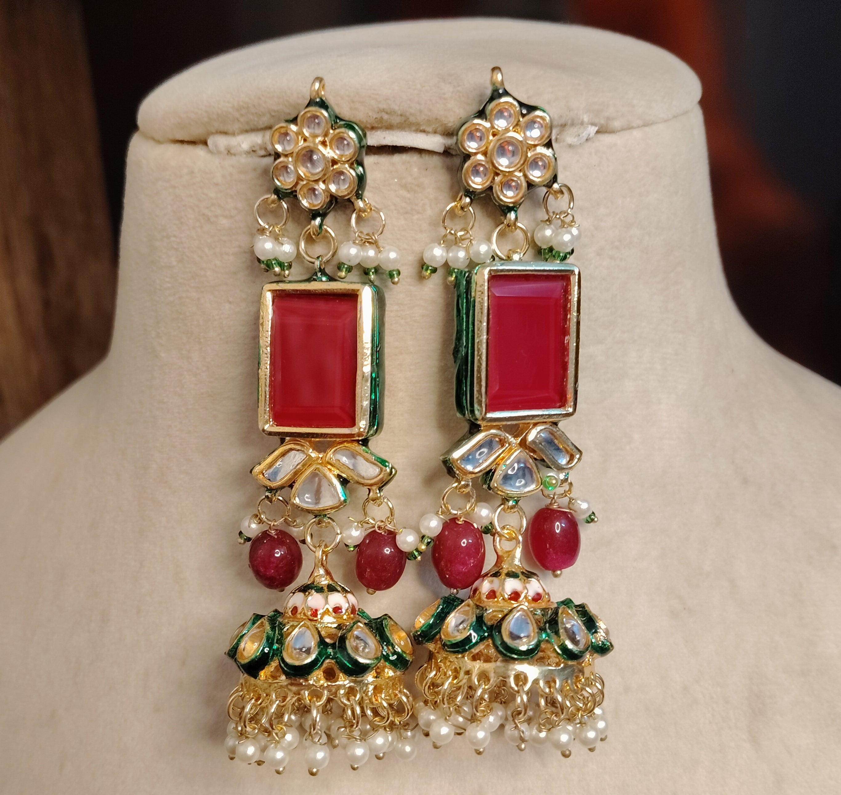 Traditional Kundan and Ruby Red Jhumka Earrings for Women Roz Jewellers