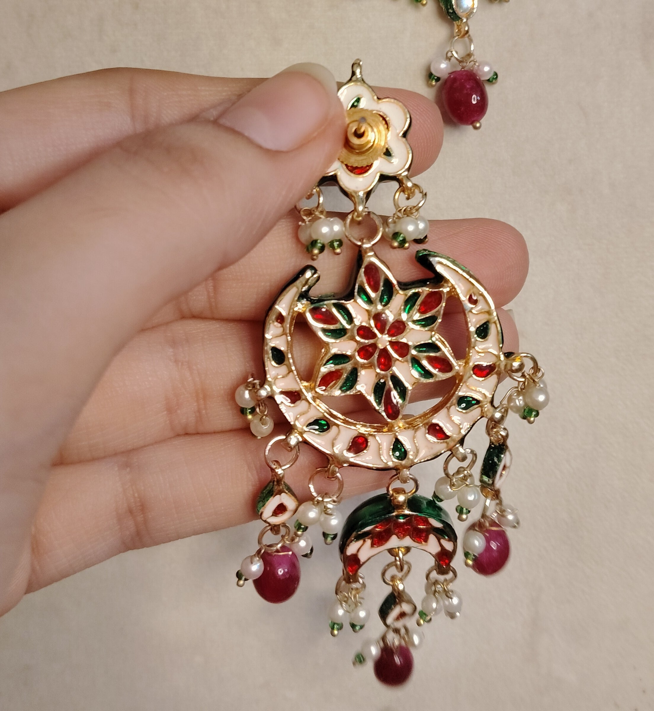 Royal Kundan Chandbali Earrings in Red & Gold with Pearl Drops Roz Jewellers