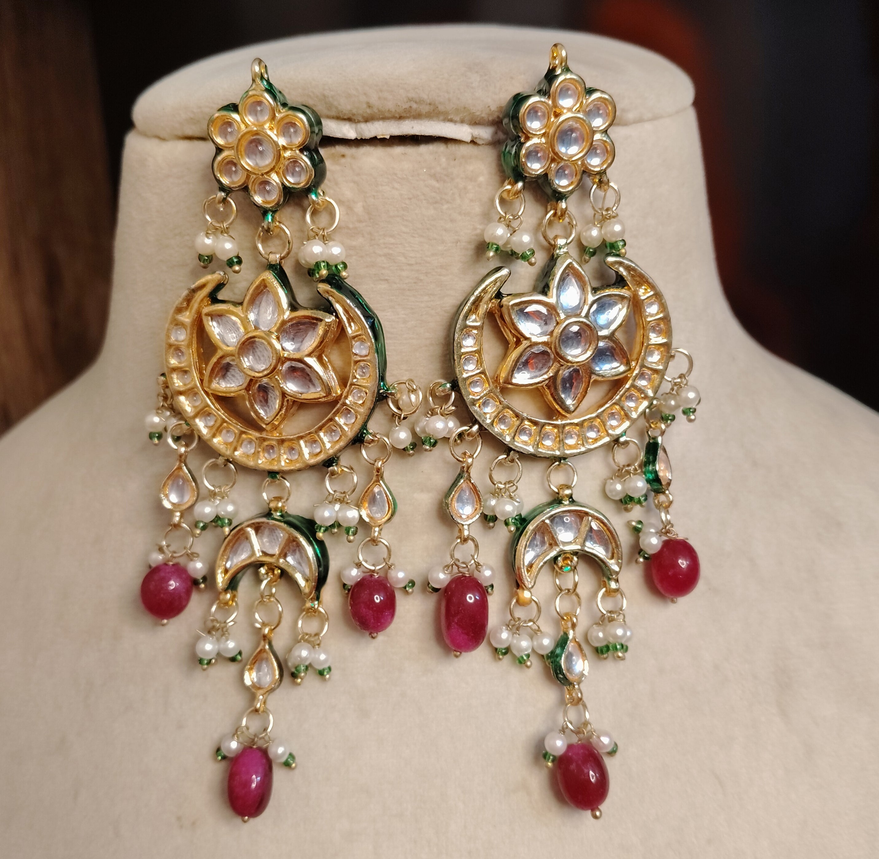 Royal Kundan Chandbali Earrings in Red & Gold with Pearl Drops Roz Jewellers