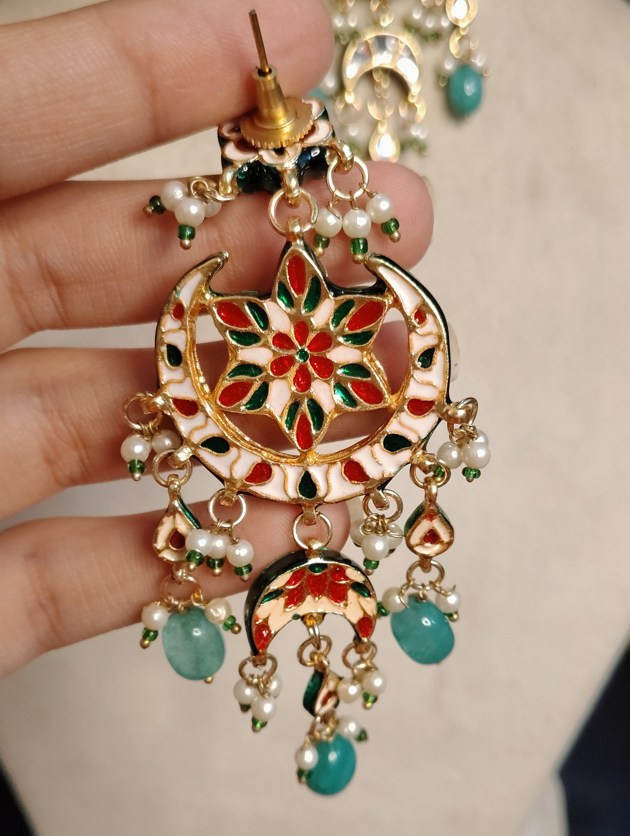 Bollywood Mint Green Kundan Chandbali Earrings with Pearl Drops Roz Jewellers