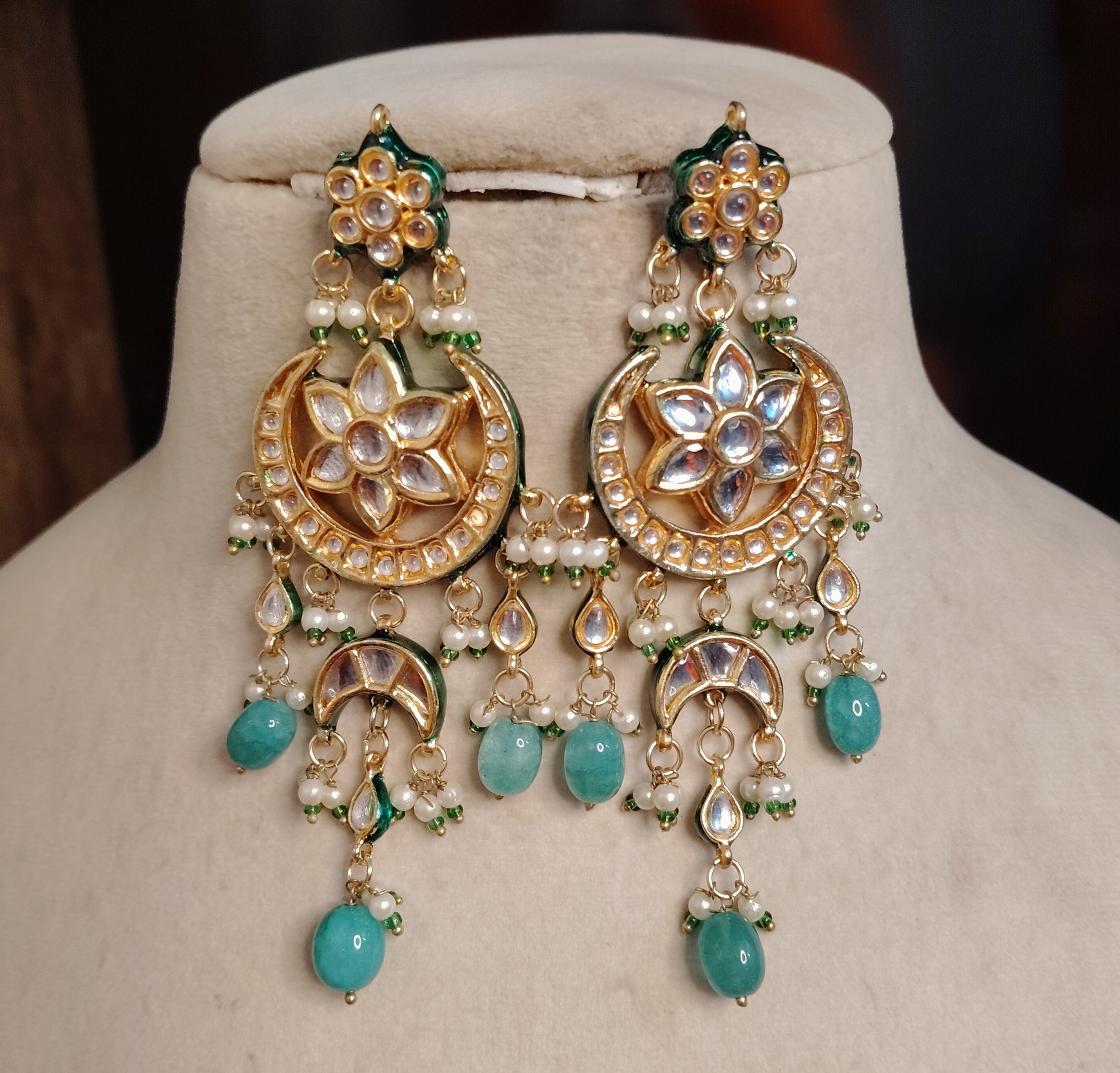 Bollywood Mint Green Kundan Chandbali Earrings with Pearl Drops Roz Jewellers