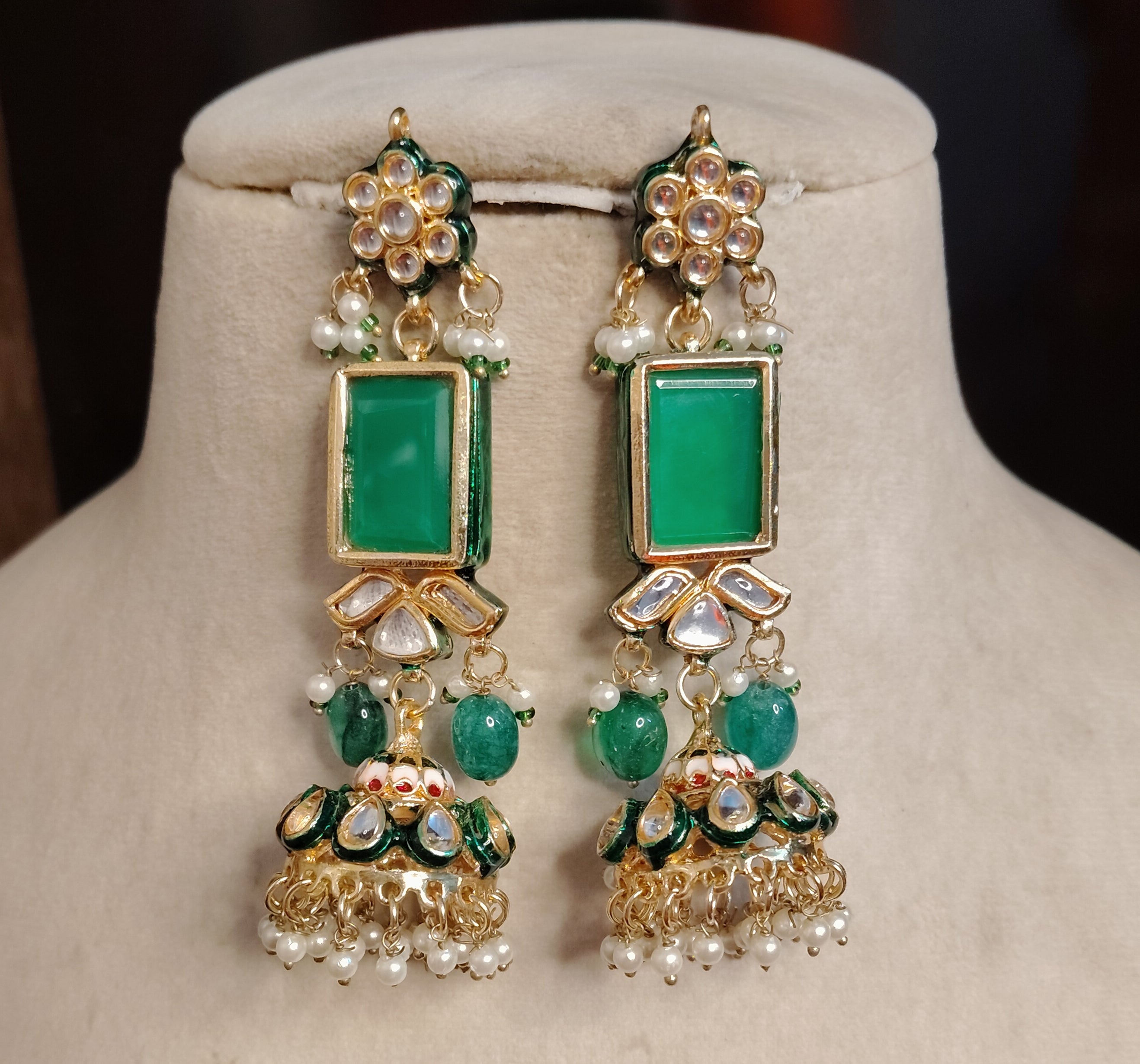 Pakistani Luxury Style Emerald Kundan Danglers Roz Jewellers