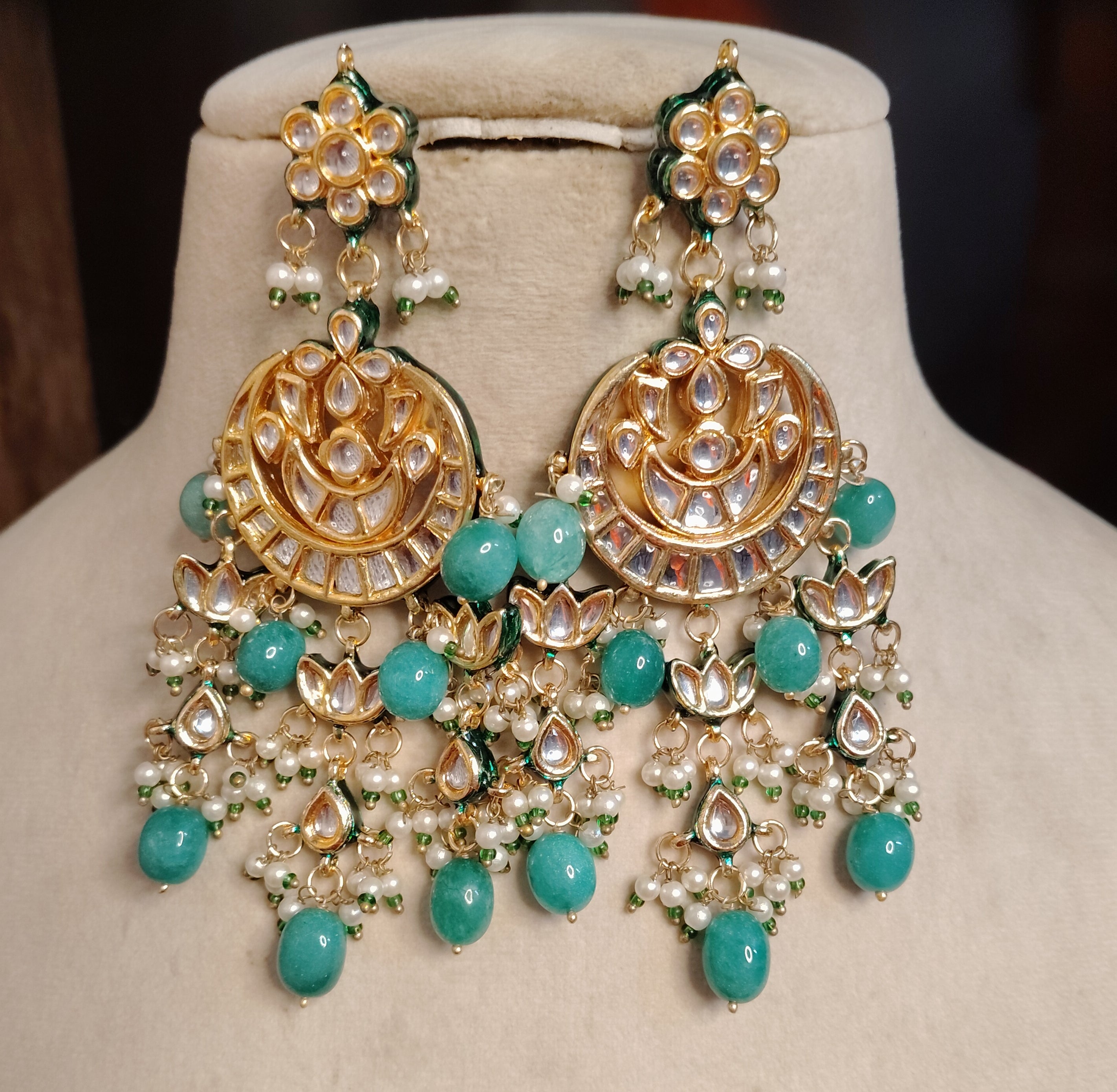 Green Kundan Chandbali Kundan Earrings for Women Indian Danglers Roz Jewellers