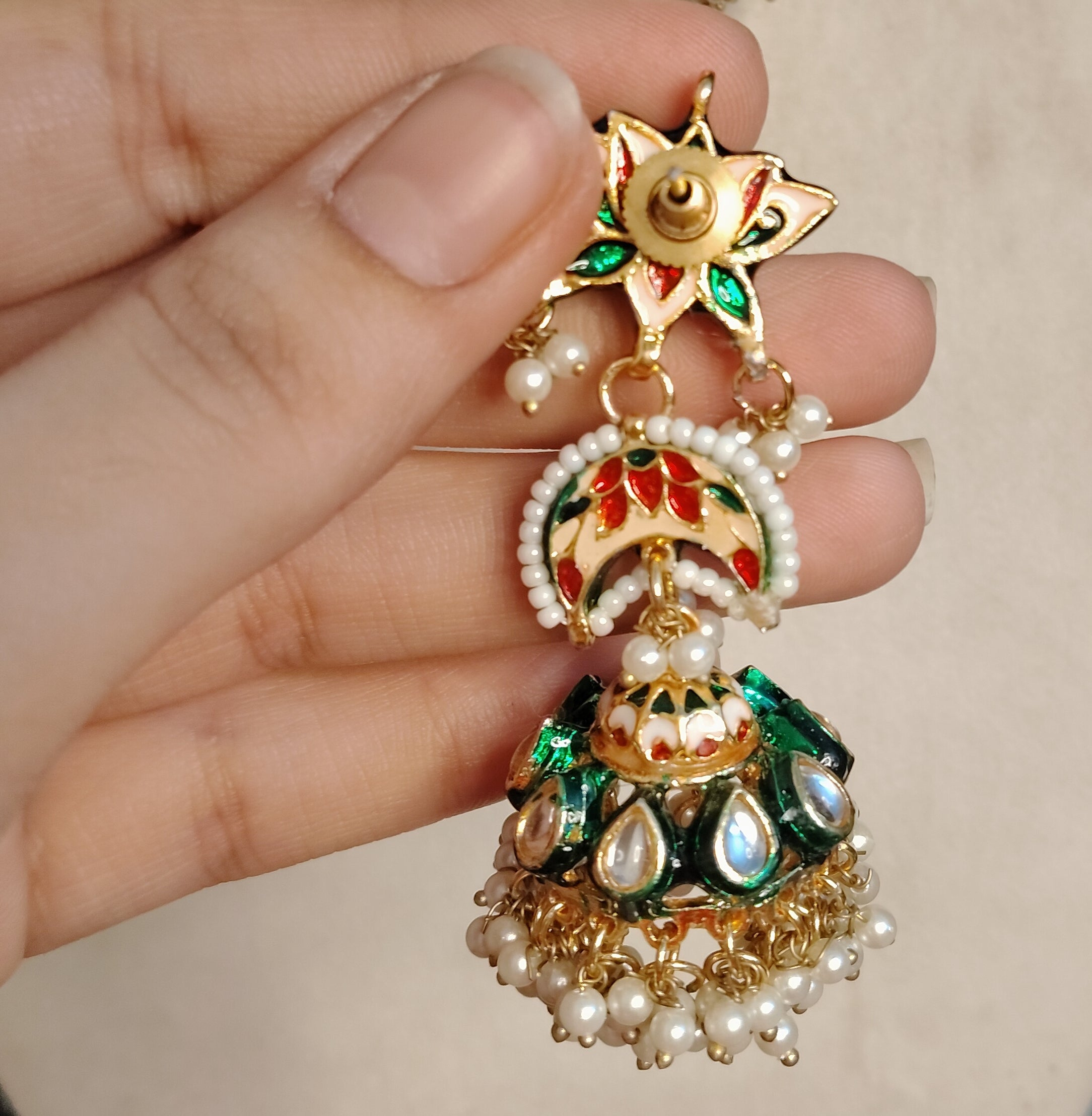 Green Meenakari Kundan Gold Plated Bridal Statement Earrings For Women Roz Jewellers