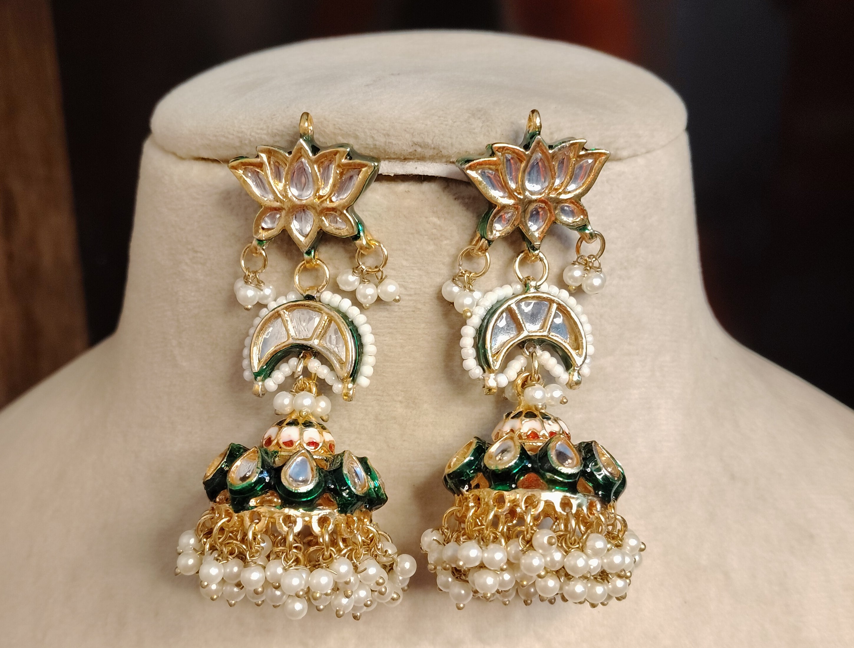 Green Meenakari Kundan Gold Plated Bridal Statement Earrings For Women Roz Jewellers