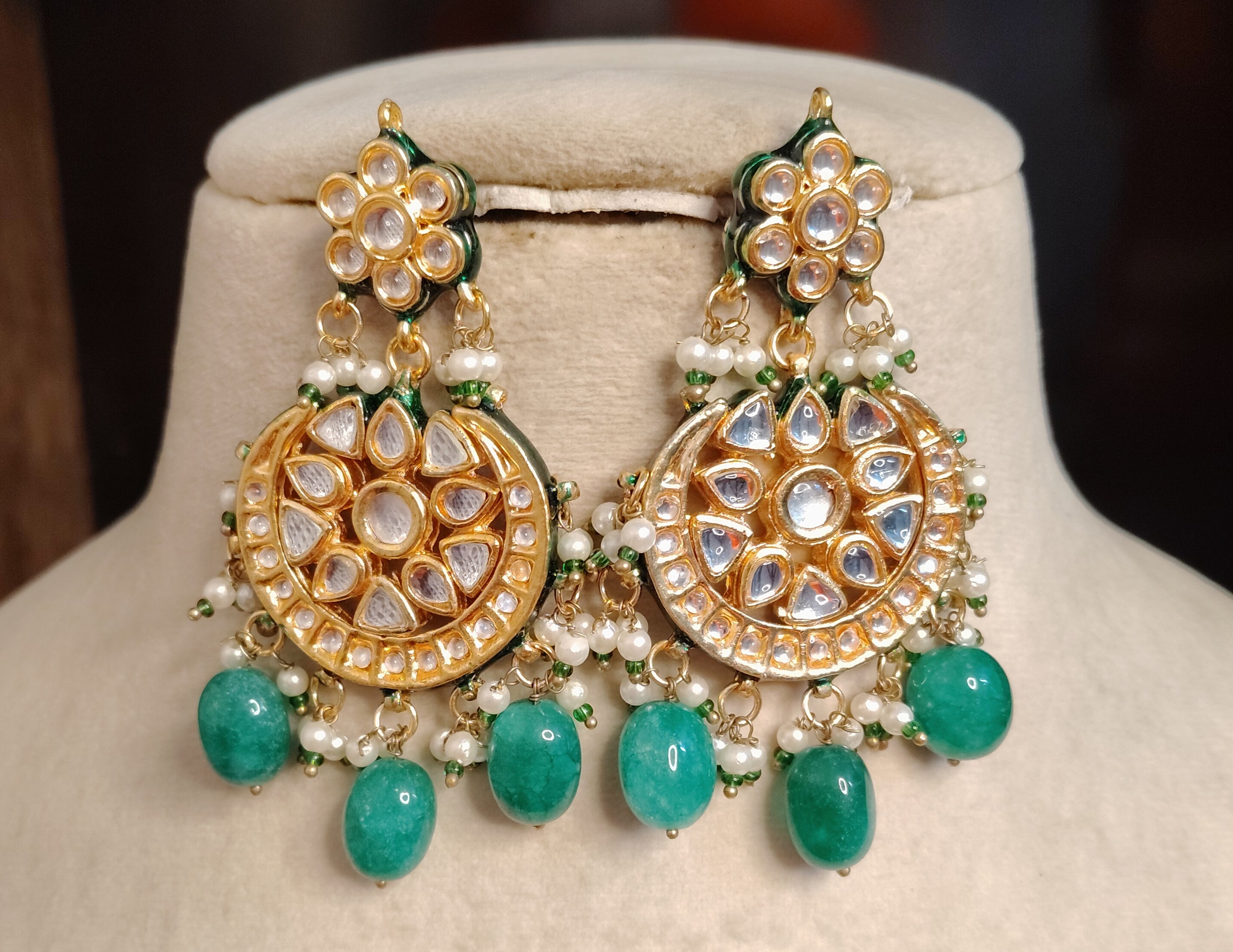 Traditional Kundan Gold Plated Ethnic Statement Earrings Pearl Stone Roz Jewellers